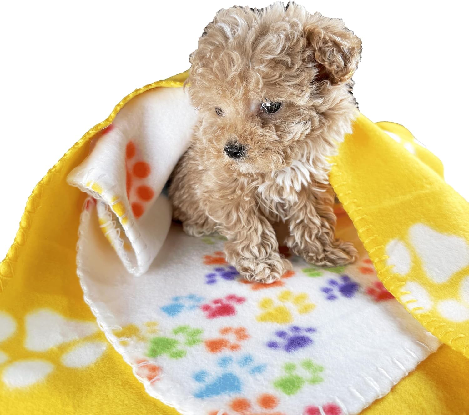 TBK Pets Double-Sided Fleece Pet Blanket, Soft Snuggle Blanket for Dogs and Cats Machine Washable (2 White, Yellow, 28x24/70x60cm)