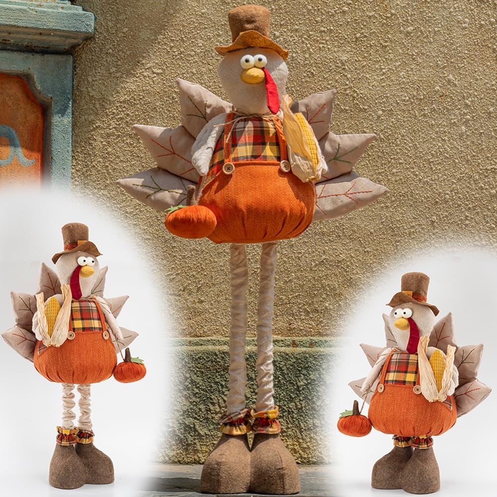 unanscre 22.5’’-36.5’’ Standing Thanksgiving Turkey Plush Decoration - Large Turkey Gnome w/Retractable Spring Legs Stuffed Doll Handmade for Autumn Harvest Ornaments, Home Farmhouse Fall Decor
