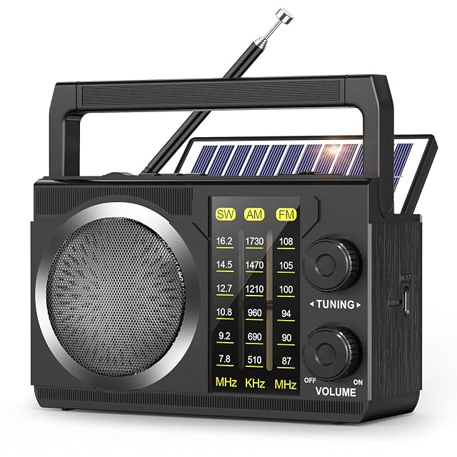 PRUNUS J-135 AM FM Radio Portable Bluetooth Solar AA Battery Operated USB-C Rechargeable for Emergency Transistor Radios with