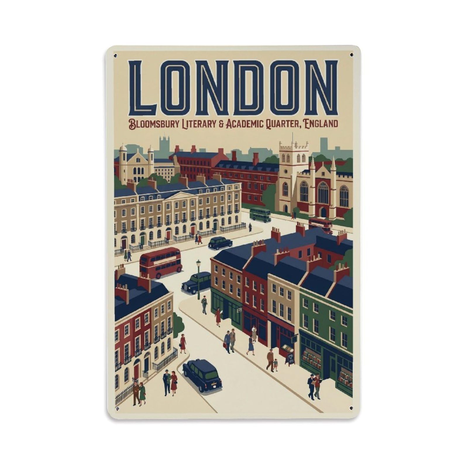 Vintage Travel London Bloomsbury Literary Quarter Clean England Metal Tin Sign Plaque Wall Decor for Cafe, Club Bar, Office, Home Garden Metal Poster 8x12Inch