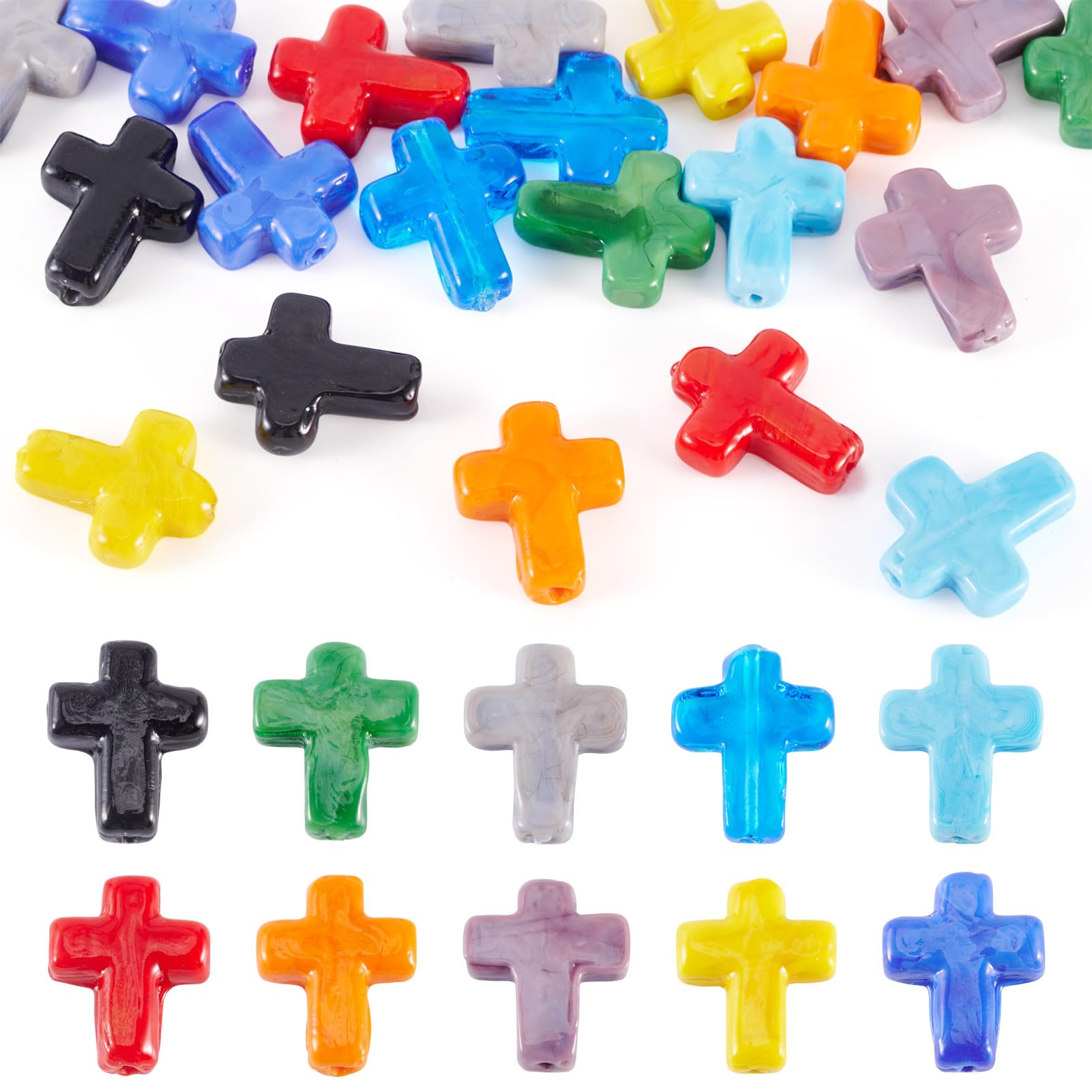 Magibeads 50Pcs Glow In The Dark Resin Cross Beads Random Color Kandi Pastel Crucifix Focal Beads For Pens Keychain Crafts DIY Jesus Bracelet Rosary Jewelry Making Supplies 24.5x17.5mm