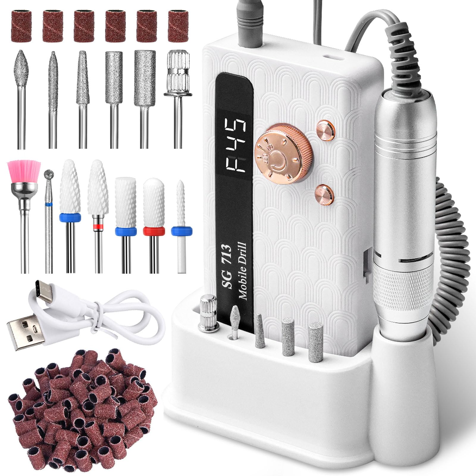 Elektrischer Nagelfräser Professionell, 45000 U/min,Tragbare Nagelfeile für Acrylnägel Gelnägel, mit 13 Bits und 56 Schleifbändern, LED-Bildschirm, Ultra-Leise, Salon-Grade Efeil-Nagelmaschine (Weiß)