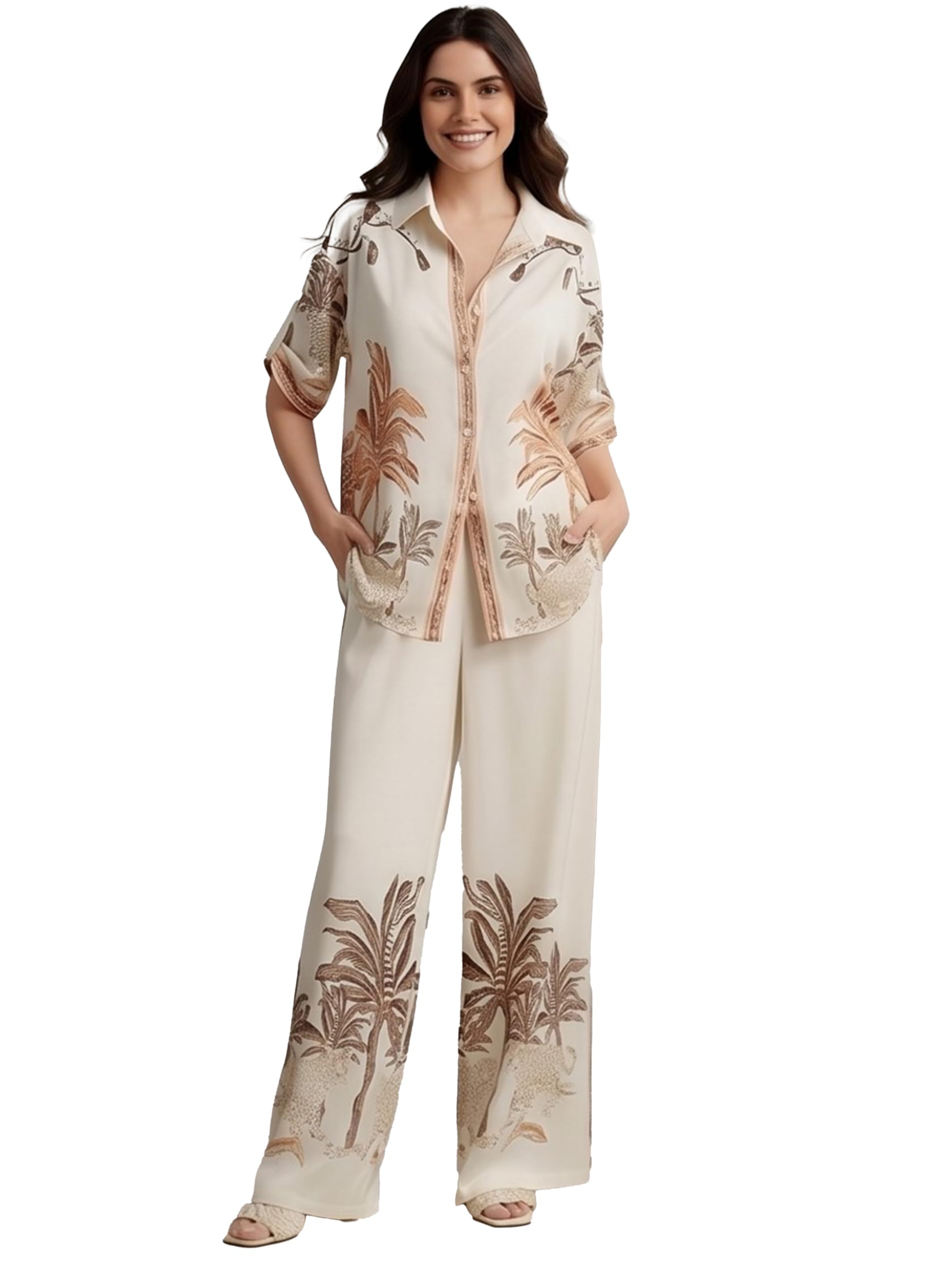 Women's Printed Rayon Co-Ord Set, Button-Down Shirt with Wide Leg Pants, Tropical Print, Korean Style, Casual Vacation Wear-picture-46