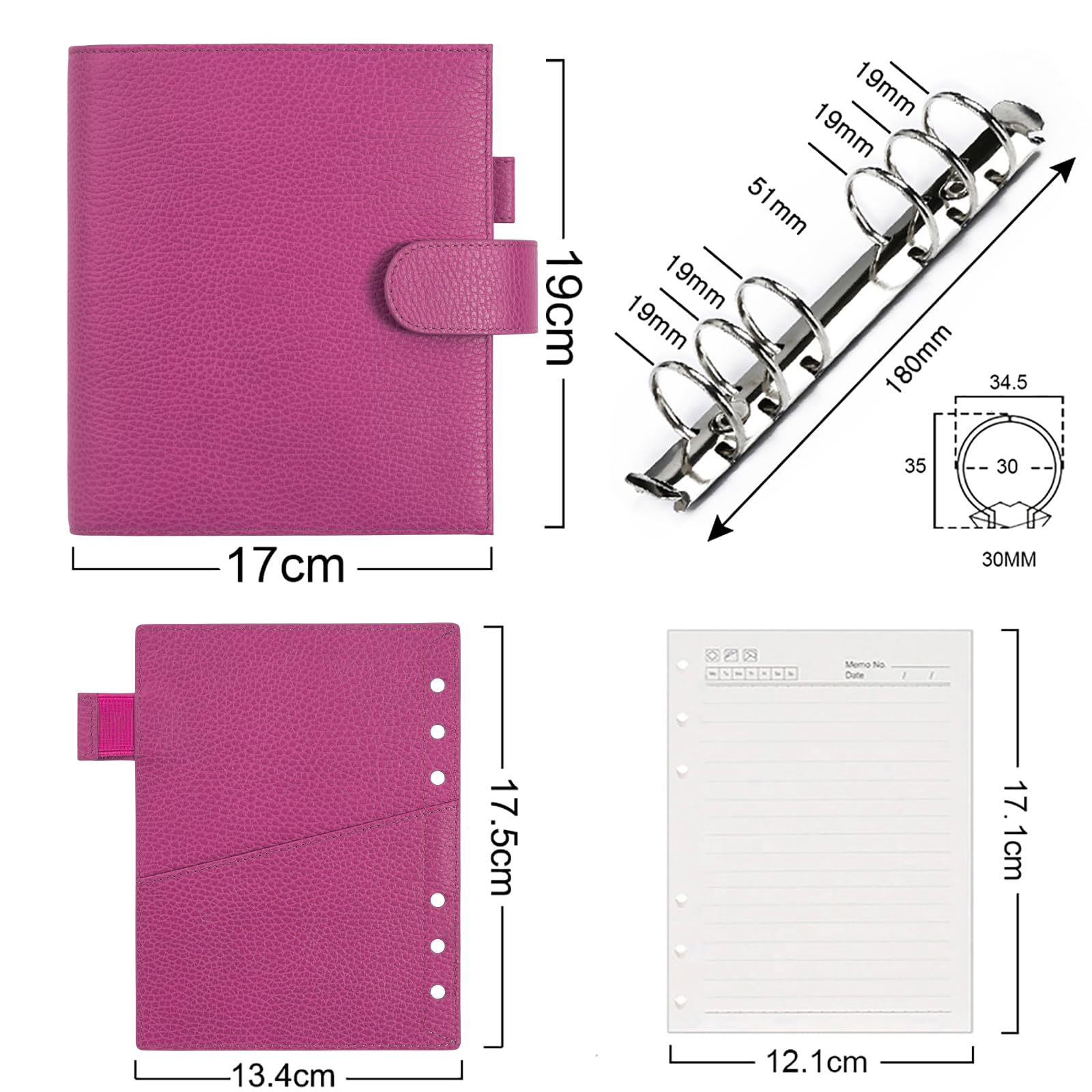 Organiseur Moterm Pocket Luxe - Cuir Véritable Rose Poudré - Anneaux 30mm - Agenda Personnalisable