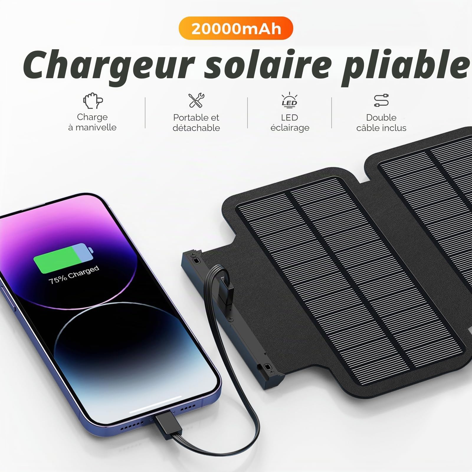 Super Power Bank Solar,Recharge sans Fil À 6 Ports 20 000 MAh+LED Haute Intensité+3 Ports De Recharge Rapide 22,5 W,Chargeur Solaire,Chargeur Portable,Batterie Solaire,pour Smartphone,Camping
