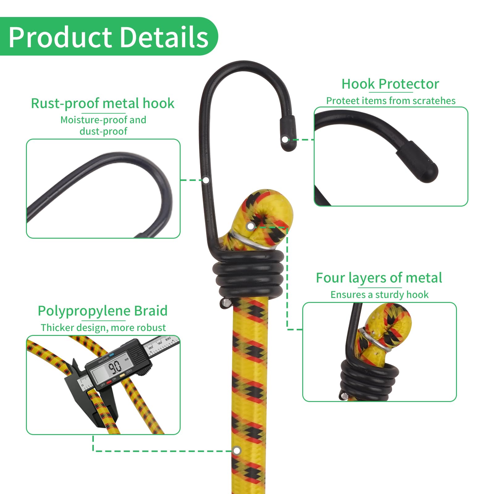 10 Pezzi Corde Elastiche con Gancio, 4 Misure di Corda Elastica con Gancio,40/60 / 80/100 CM, Ganci Elastici, Cinghie Elastiche con Ganci per Teloni, Portapacchi,Campeggio,Auto,Bici, Giallo