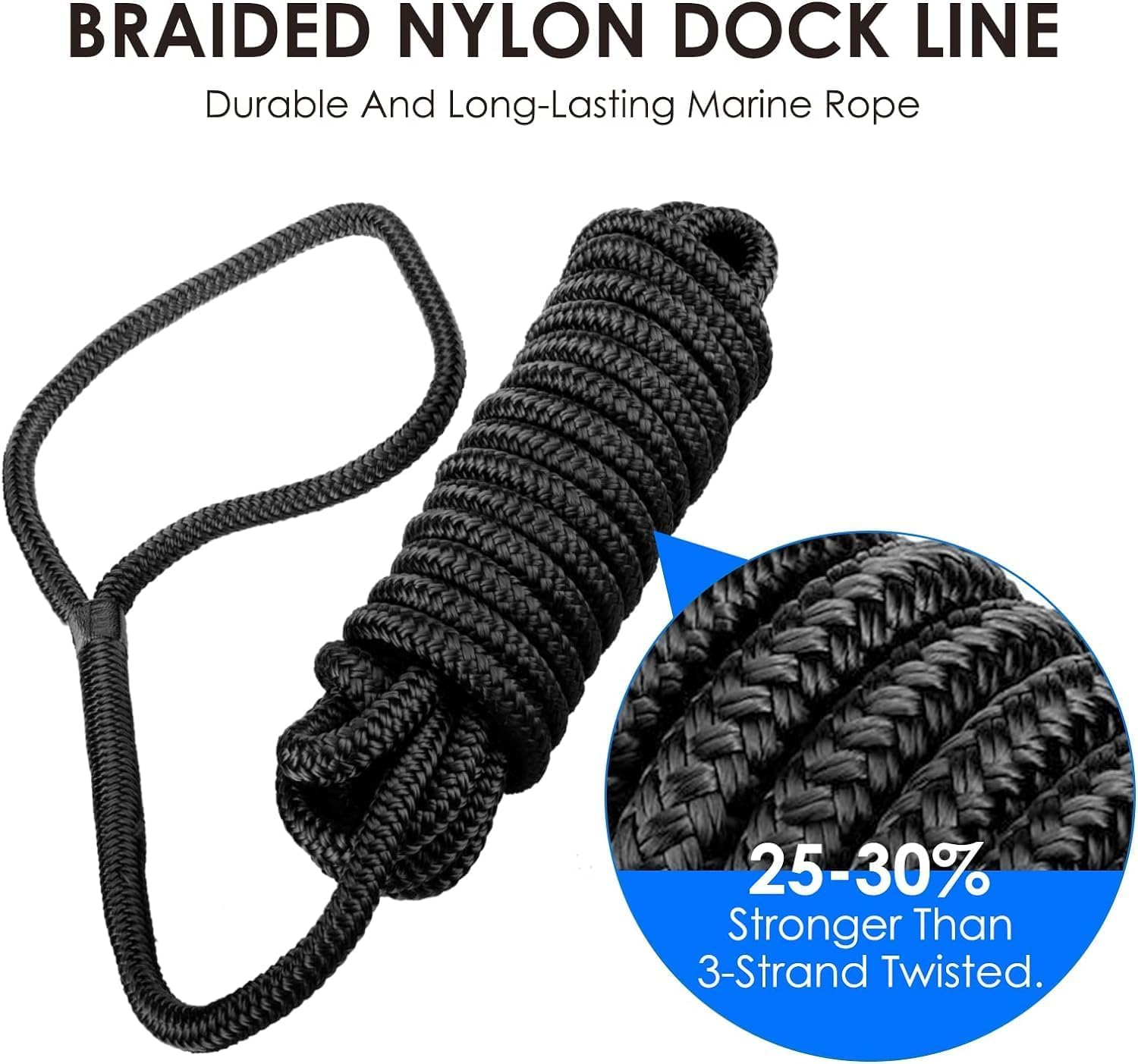 BOOMSTART 4 Stück Boot Seil 16mm Festmacherleine mit Auge Nylon Doppelt Geflochten Fenderseil Dock Linien Ø 16mm, L: 7.62 m, Auge 38 cm, Bruchlast: 3970 kg, Schwarz