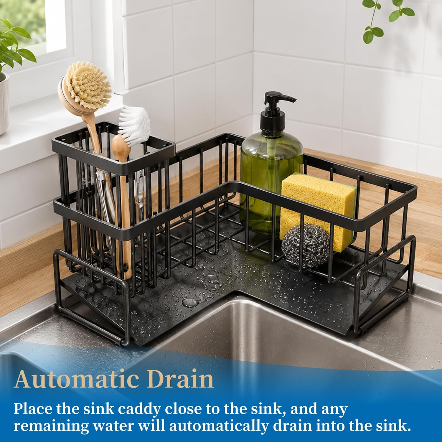 Sink Caddy with Drain, L-Shaped Sponge Holder for Kitchen Sink, Corner Caddy Organizer, Rustproof Metal Brush Holder, Black Sponge Caddy for Countertop