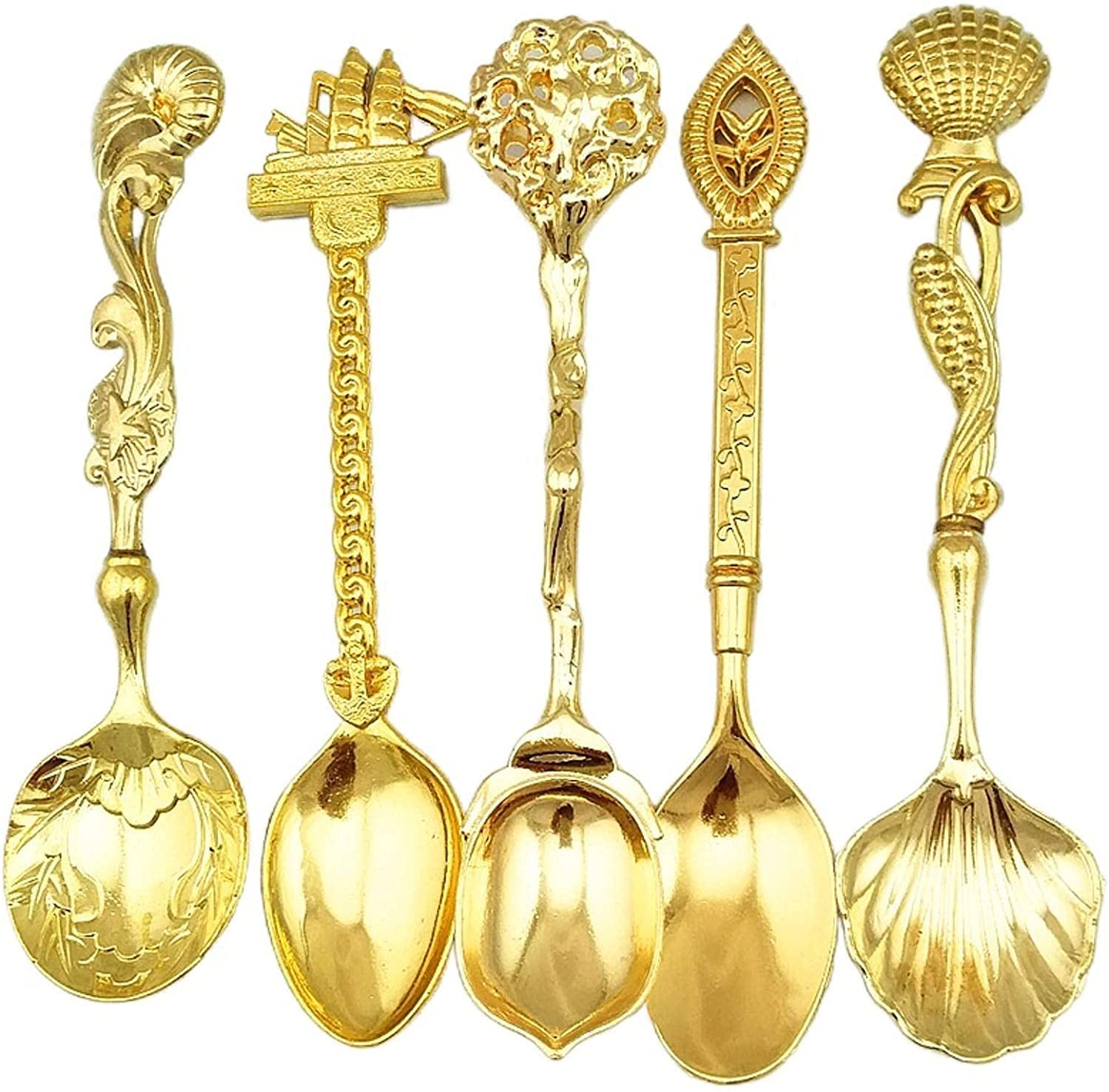Cucchiaini Dessert Zuppa 5 Pz Occidente Retro Cucchiai Cucchiaini da caffè Bevanda Gelato Strumenti Stiranti Stirring Cucchiaio Flatware Accessori cucina Resistenti Cucina(Gold)