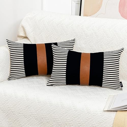 Juego de 2 fundas de almohada decorativas marrón y negro, fundas de almohada de 12 x 20 pulgadas, moderna funda de almohada de piel sintética para