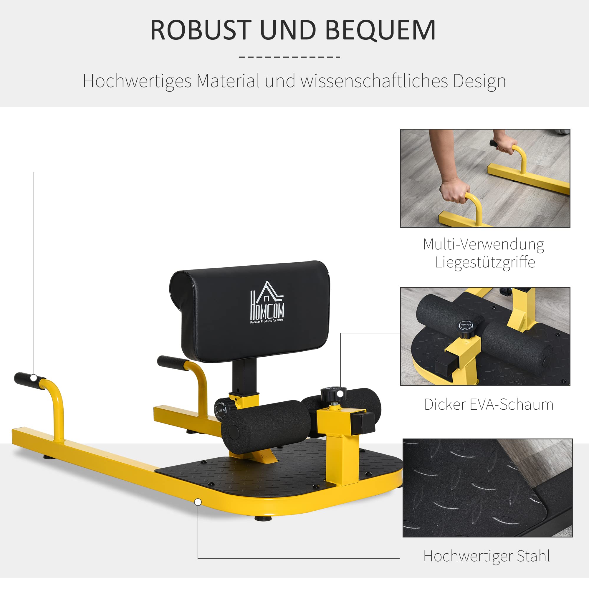 HOMCOM Sissy Squat Kniebeugentrainer Beintrainer Bauch-Gesäß-Trainer 3 in 1 Trainer verstellbar bis 120 kg Stahl Schwarz/Gelb 50 x 97 x (44,5–56,5) cm