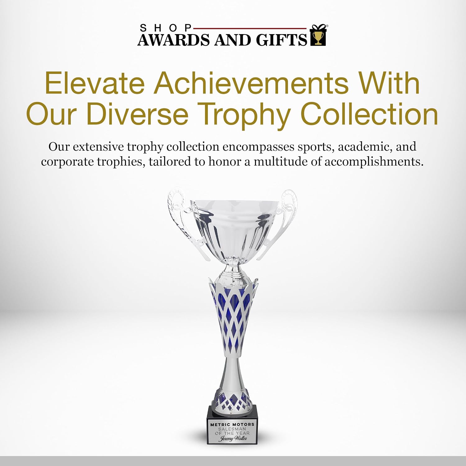 SHOP AWARDS AND GIFTS 17 Inch Silver with Blue Diamond Accents European Style Trophy Cup, for Tournament, Championship, Prizes and Gifts, Corporate Award, Unisex, Can Be Personalized