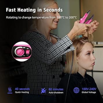 janelove Professional Hair Extensions Iron, Fusion Heat Connector, Pre Bonded Hair Extensions Iron Kit Tool, UK Plug, 210°F-390°F Temperature Adjust (Pink)