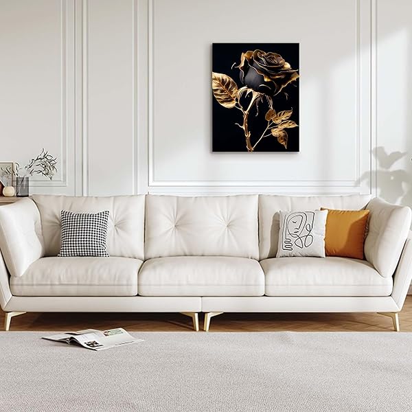 Galmcook Framed Canvas Wall Art 12x16 Inch Black and Gold Rose Modern Artwork Elegant Floral Wall Canvas for Living Room Bedroom Hallway Wall Decoration Prints with Hooks Magic Tape and Nails - 5