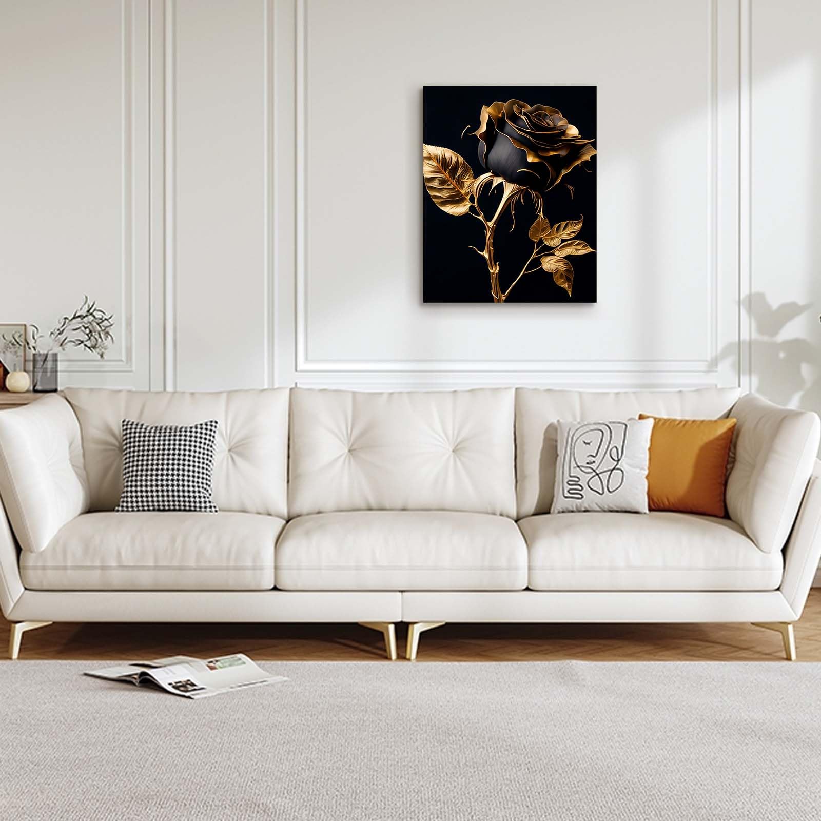 Galmcook Framed Canvas Wall Art 12x16 Inch Black and Gold Rose Modern Artwork Elegant Floral Wall Canvas for Living Room Bedroom Hallway Wall Decoration Prints with Hooks Magic Tape and Nails — view 5