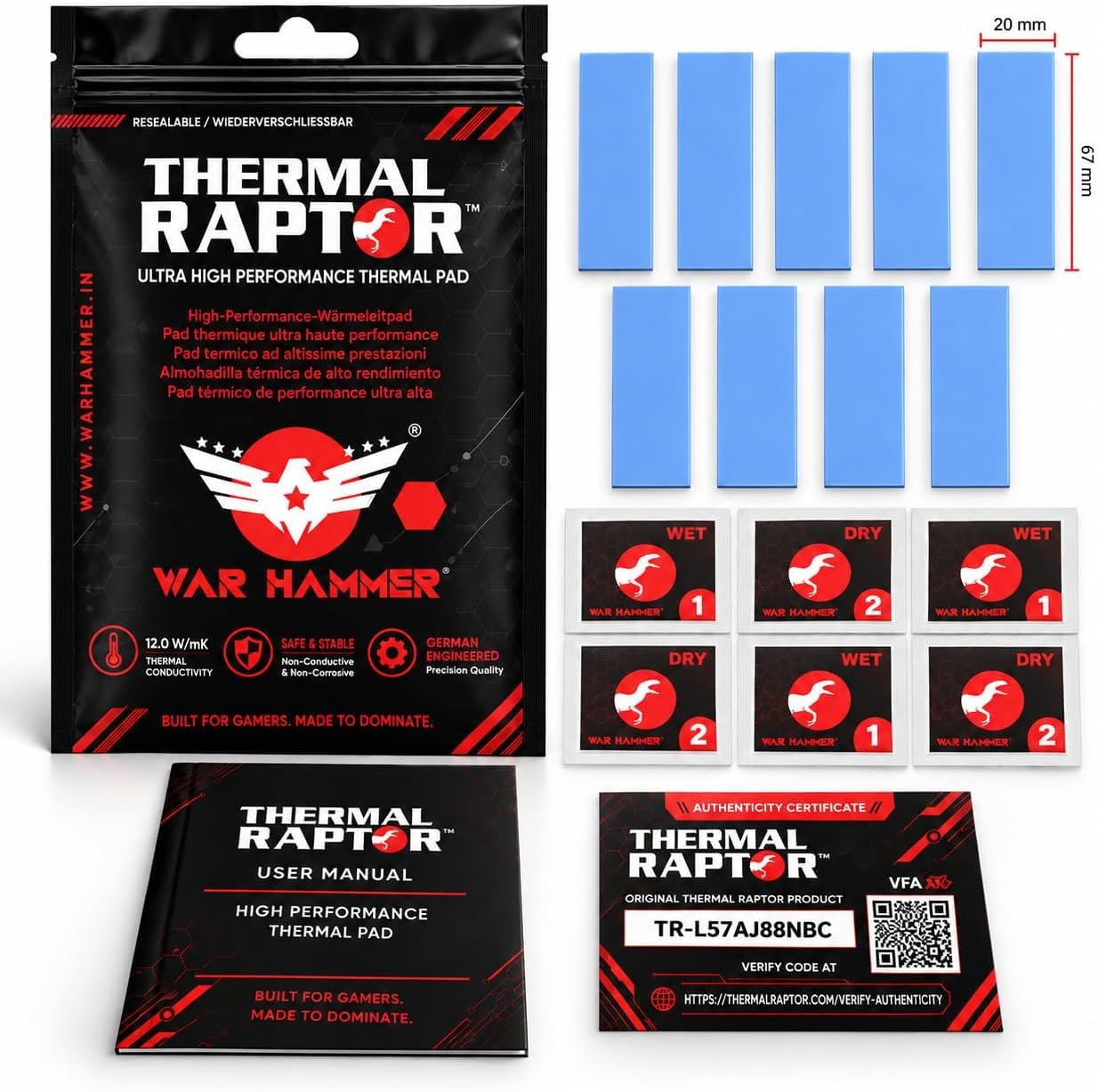 WAR HAMMER Thermal Pad Raptor Ultra High Performance Thermal Pad, 0.5 1.0 1.5 mm Thermal Conductive Silicone Pads with 12.0 W/mk Thermal Conductivity, German Engineered Themalpad