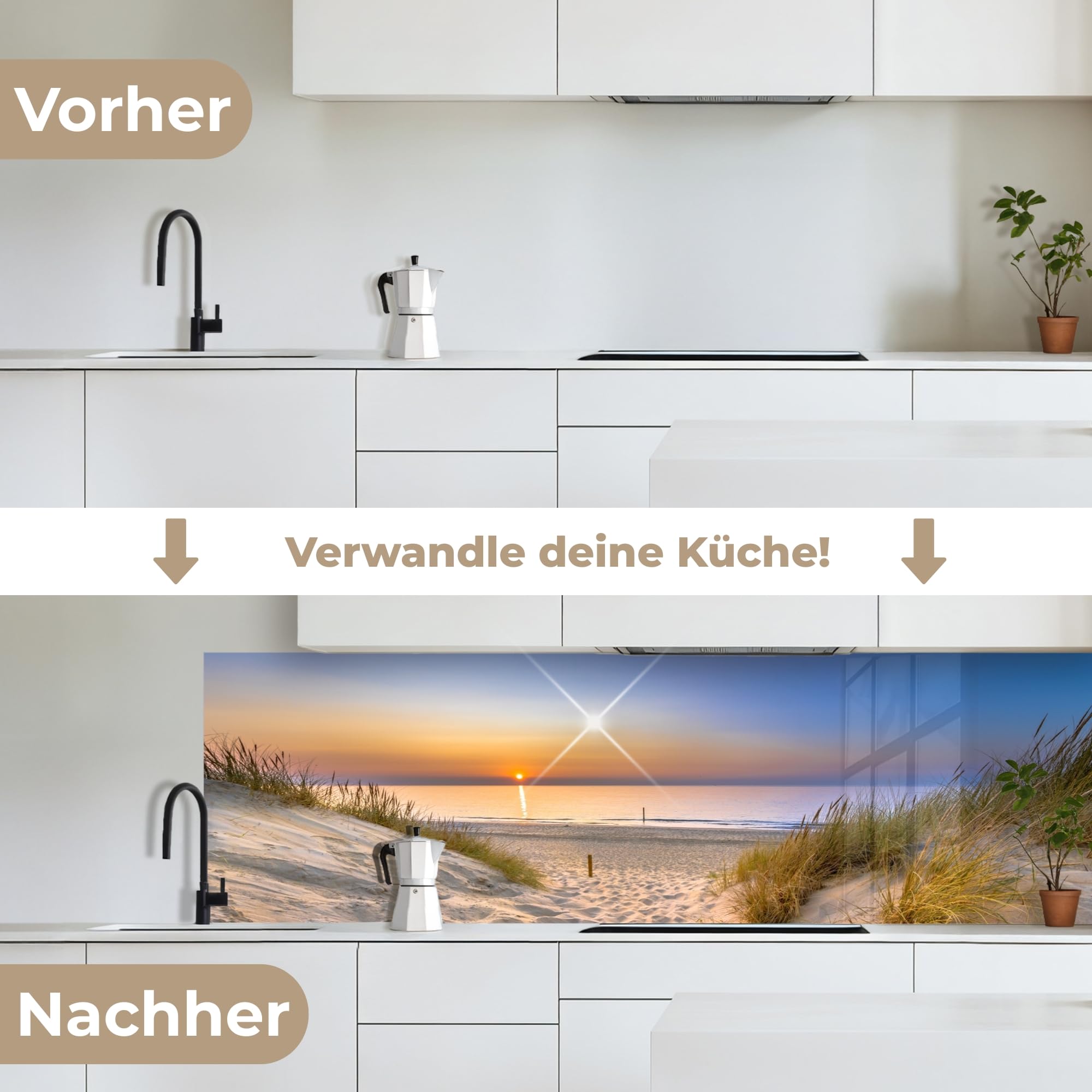 KitchenYeah© Küchenrückwand 60x200 cm Selbstklebende Kitchen Wall Protector Küchen Rückenwand Küchenfronten Küchenrückwände Küche Wand Düne - Sonnenuntergang - Horizont - Strand - Gras