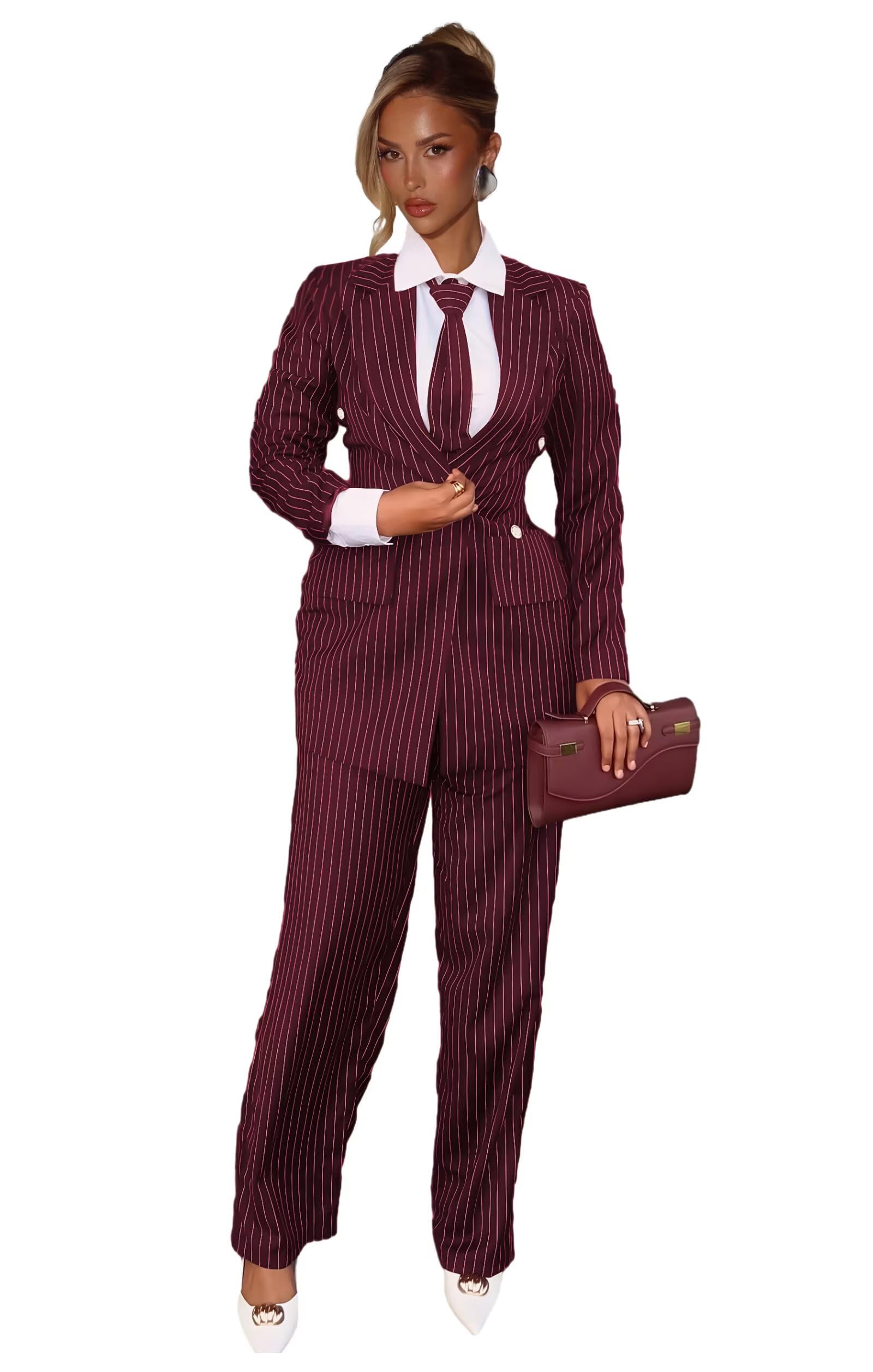 Pinstripe Womens Suit Dressy 2 Piece Double Breasted Pant Suits for Women Work Suits with Tie