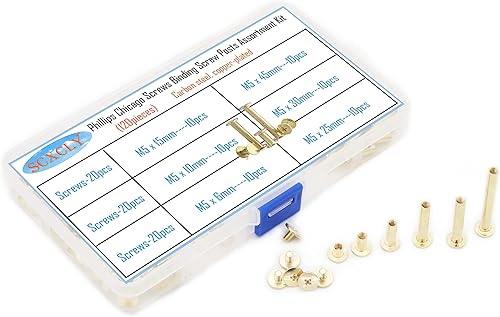 SCXCLY Kit surtido de 120 tornillos Chicago para atornillar, 6 tamaños (M5 x 6101525301.772 in), acero al carbono chapado en cobre