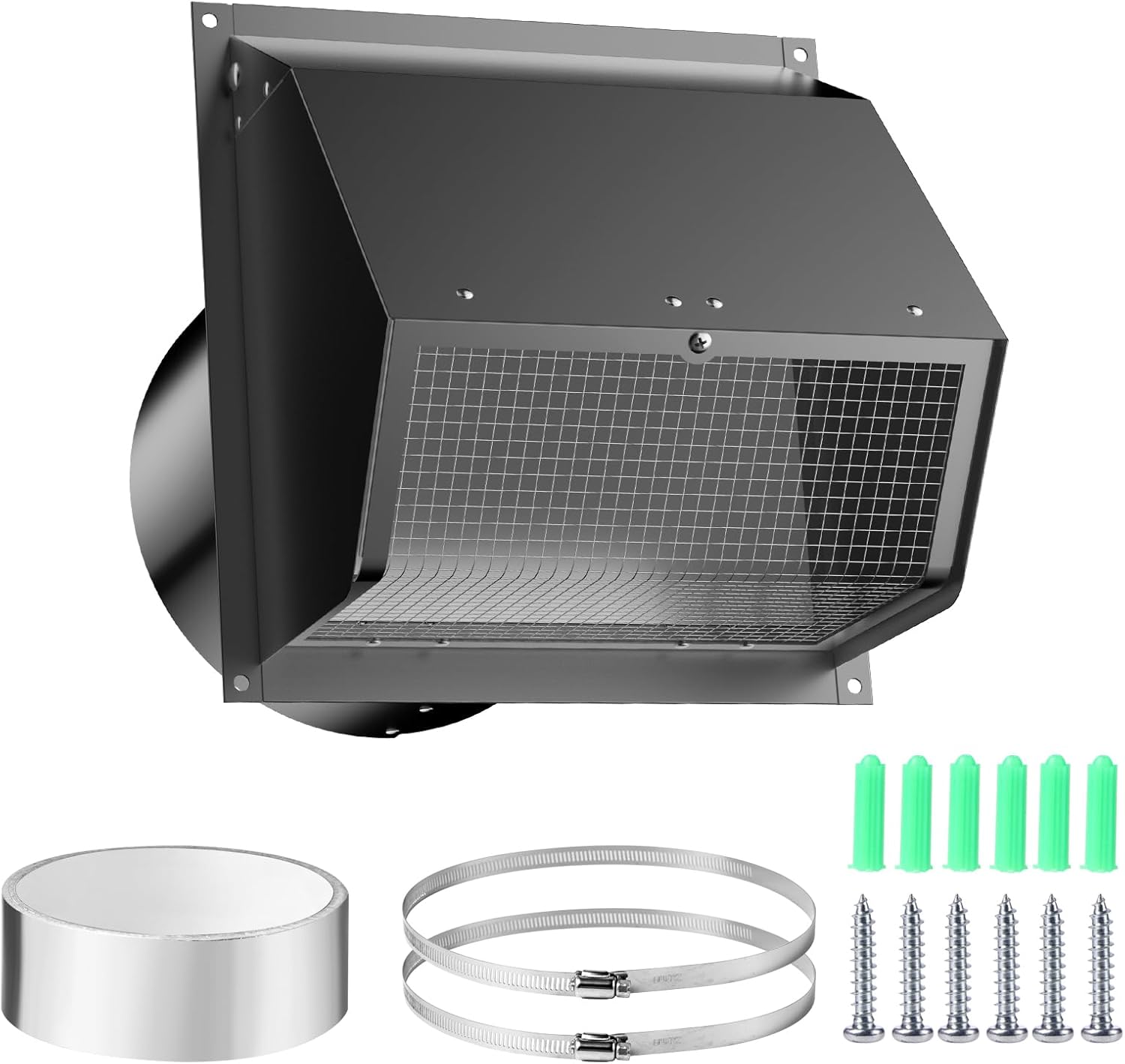 6 Inch Hooded Wall Vent with Screen and Damper,Wall Exhaust Vent Cover Cap,Dryer Vent Cover Outside,External Extractor Wall Vent Hood for House Kitchen Range Hood Air Ventilation Black Black 6 Inch