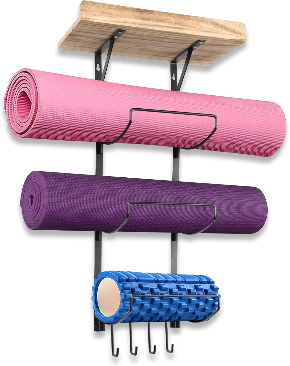FIRJOY Yoga Mat Holder Wall Mount with Hooks and Shelf for