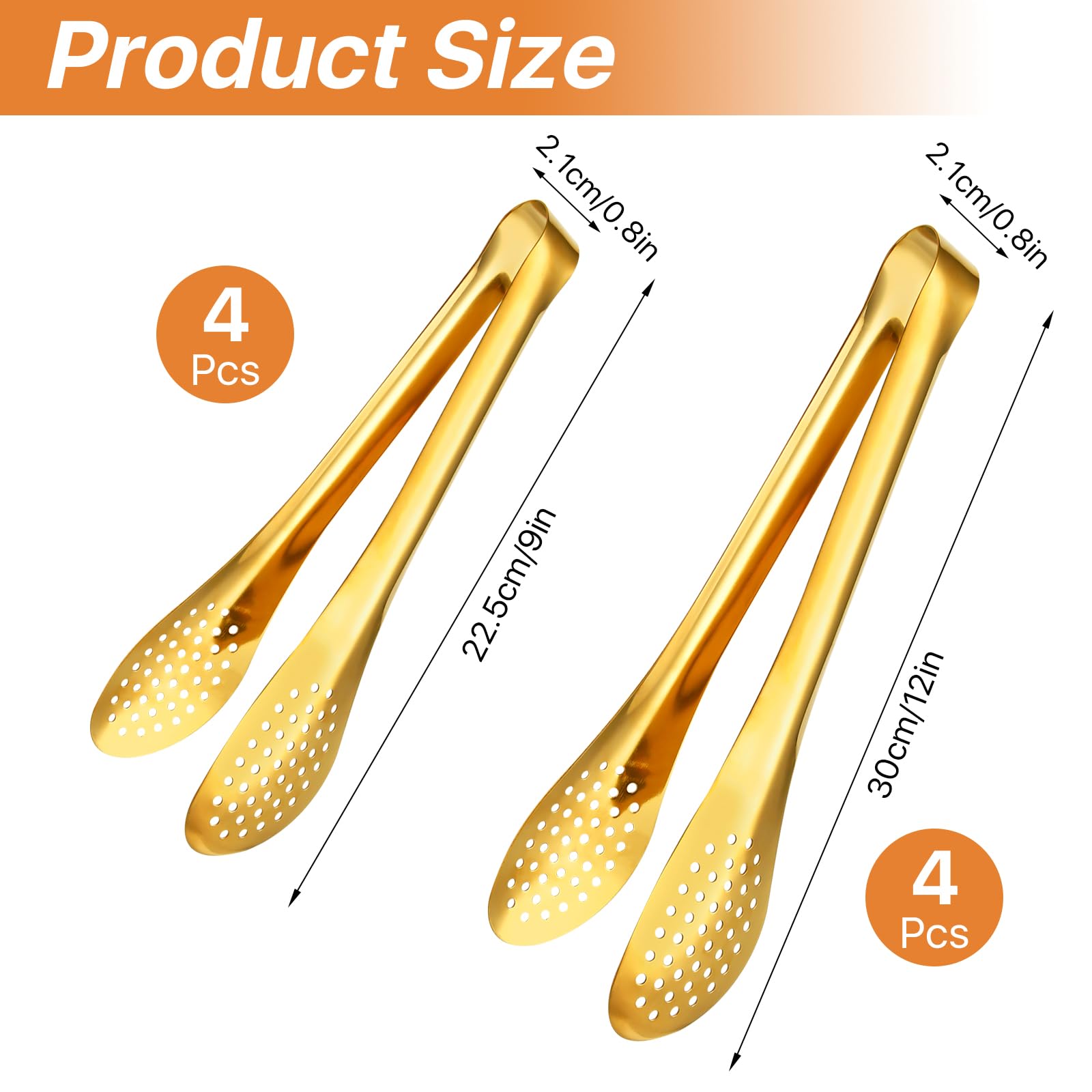 Lot de 8 pinces de service dorées de 22,9 cm et 30,5 cm, en acier inoxydable pour servir des aliments, pinces de service pour fête, cuisine, restaurant