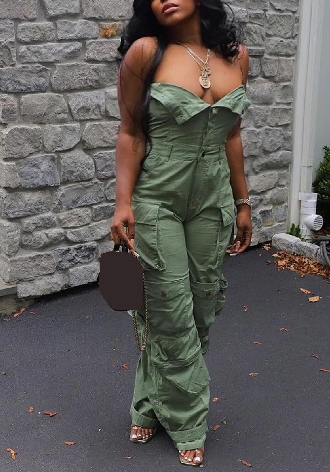 Ecirod Women Denim Strapless Jumpsuit Sexy High Waisted Cargo Pants Tube Top One Piece Jean Romper - Image 4