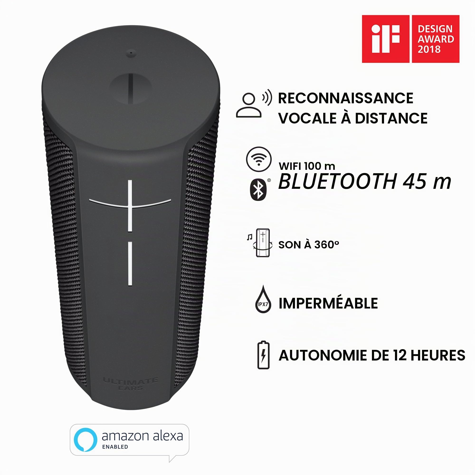 Ultimate Ears BLAST Enceinte portable Wi-Fi / Bluetooth avec système de commande vocale en mode mains-libres Amazon Alexa (étanche) - Graphite Noir