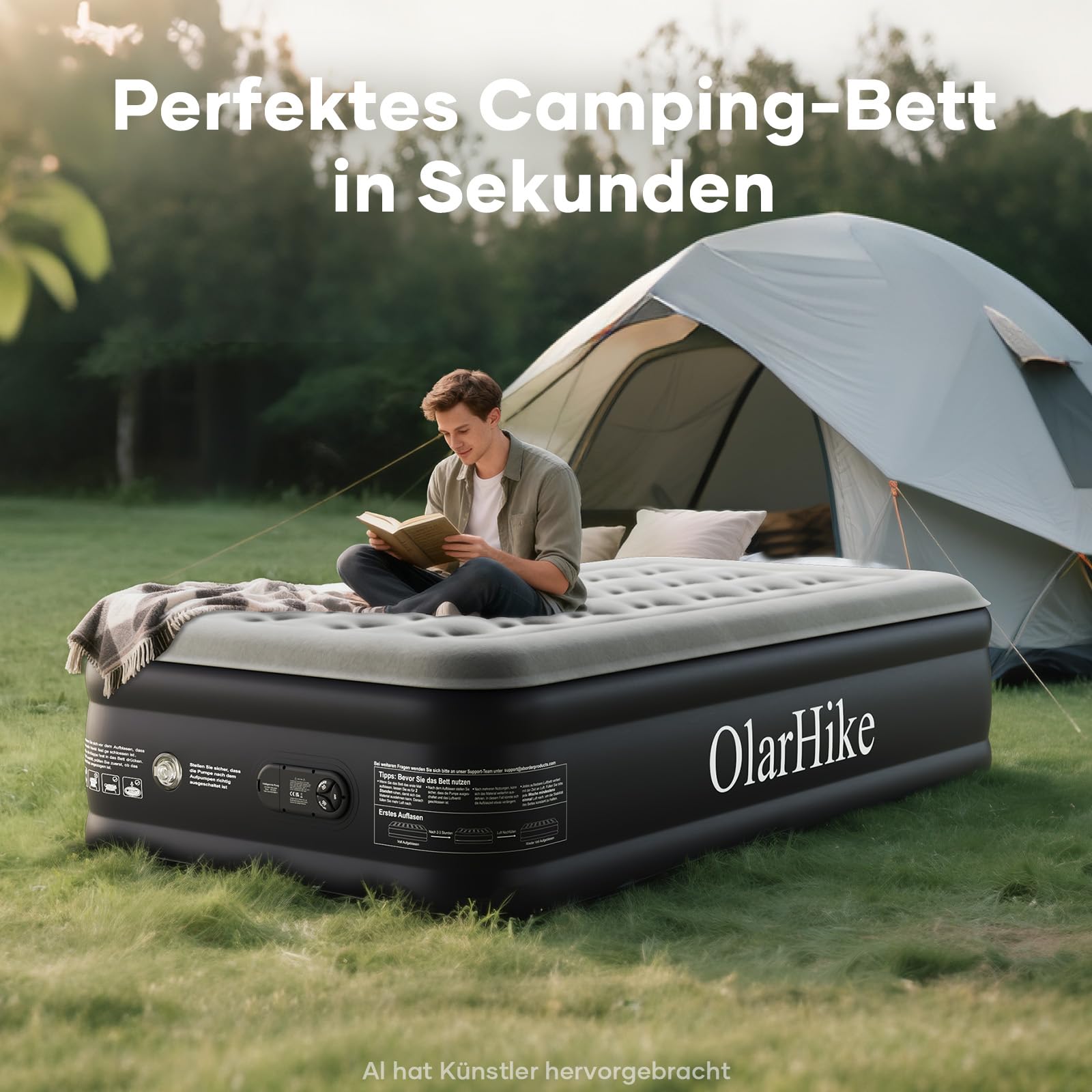 OlarHike Luftmatratze selbstaufblasend 90x200x46 cm Luftbett 1 Person | Gästebett mit Pumpe für Camping, Studentenwohnung und Zuhause. Wasserfestes PVC, weiches Flockbett, bis 150 kg belastbar