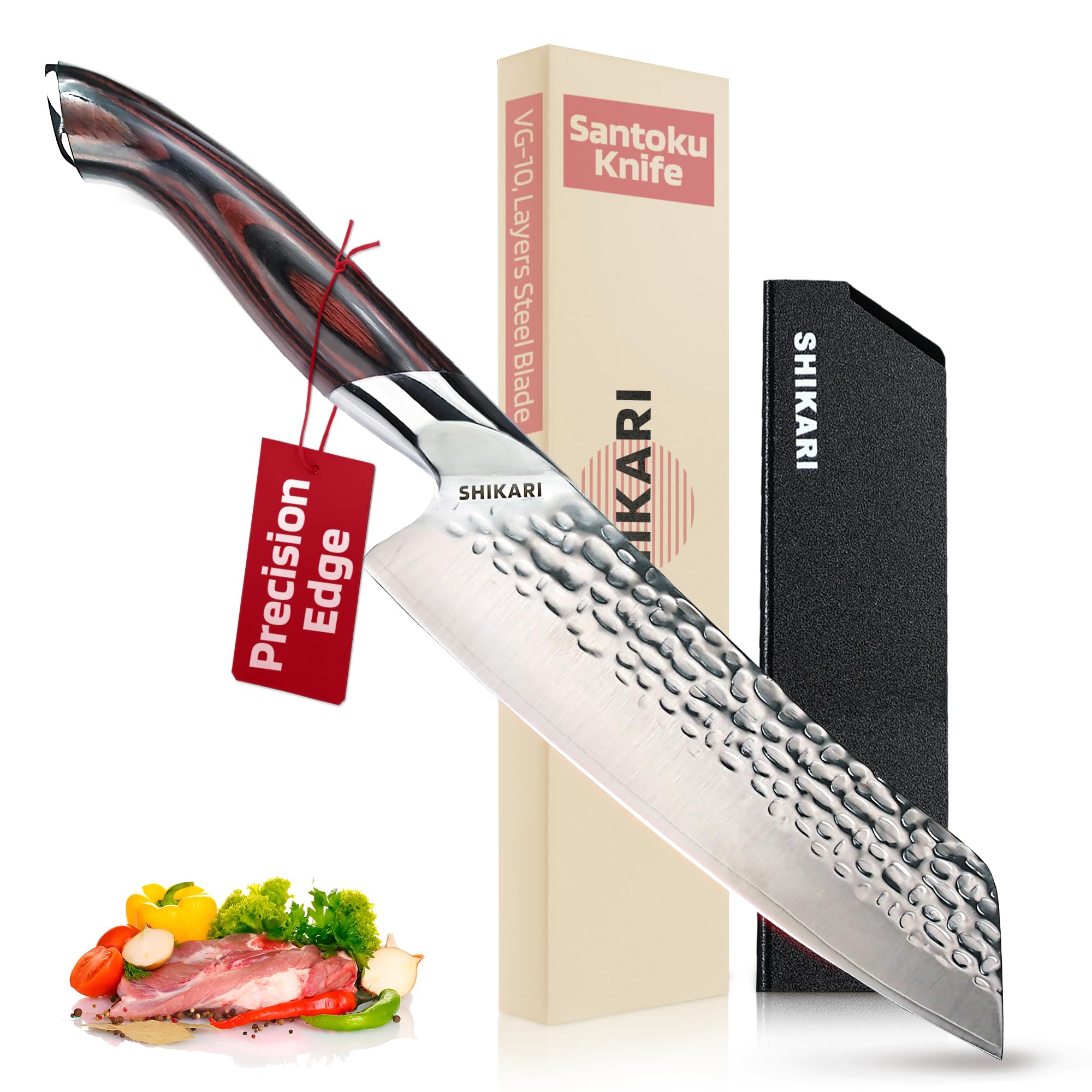 SHIKARI Santoku Knife 7 Inch – VG10 Super Sharp Vegetable Knife – Ergonomic Long Tang Chopping Knife with Pakkawood Handle – Japanese-Style Santoku Sharp Knives for Kitchen