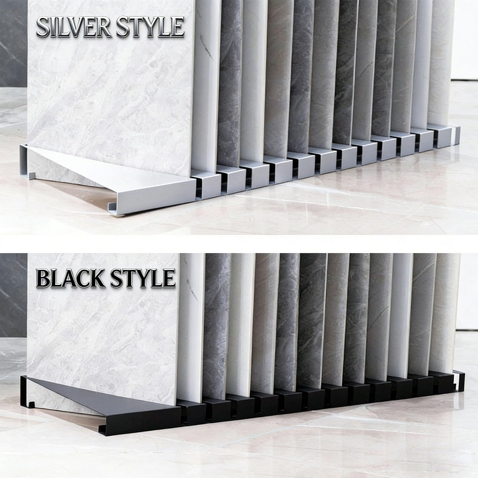 Expositor de hierro para azulejos con 13 ranuras, soporte inclinado para paneles de muestra de cerámica, mármol y piedra, para showroom y ferias(Silver,100x30x10cm)