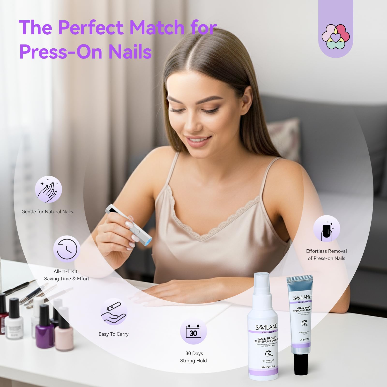 SAVILAND 2 in 1 Colla e Solvente in Gel Solido Kit, Colla per Unghie Finte Forte 30 Giorni, Mini Lampada UV, Press On Nail Glue Remover, Olio per Cuticole, Manicure Fai da Te da Salone