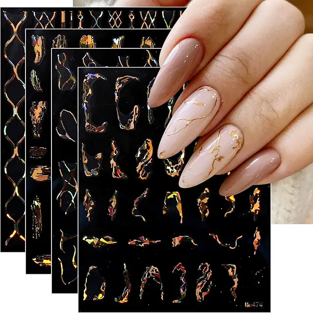 JMEOWIO Marble Line Gold Nail Stickers - 9 Sheets Self-Adhesive Nail Art Decals
