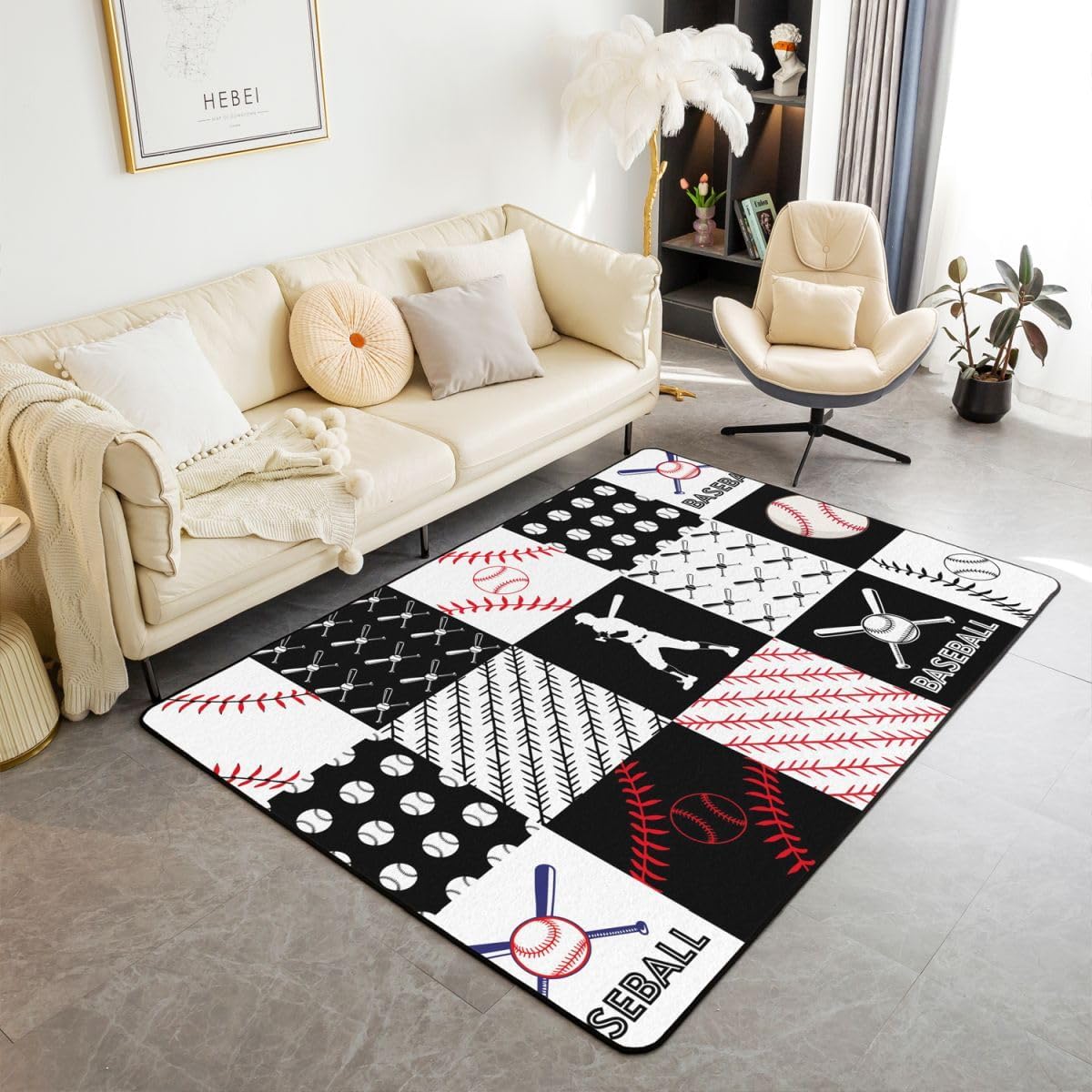 Feelyou Kids Baseball Area Rug Twin Size Sports Game Decorative Carpet Set Baseball Gaming Living Room Rugs Red White Black Plaid Indoor Floor Mat Room Decorations Accent Rug