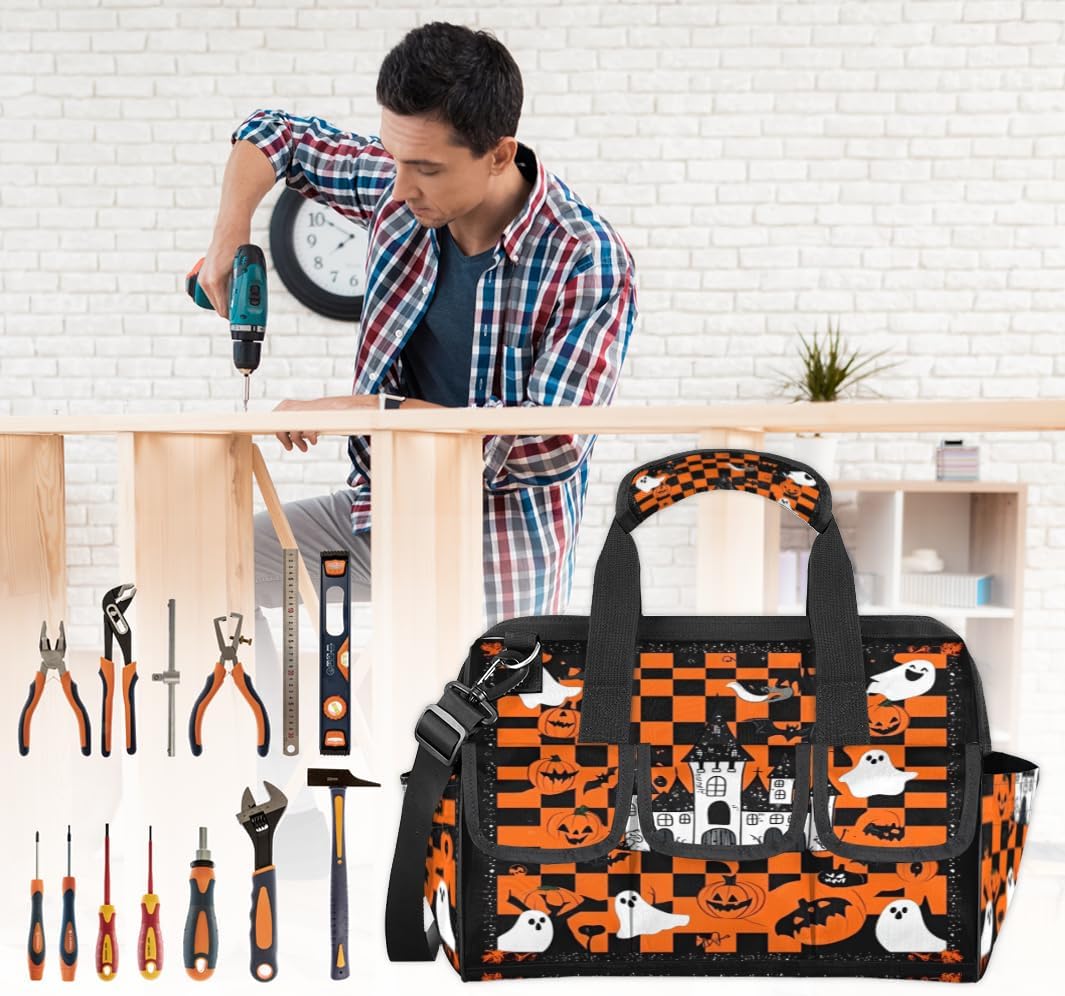 Halloween Spooky Heavy Duty Tool Bag 14.8 Inch Checkerboard Portable Soft Tool Box Organizer Storage with Adjustable Shoulder Strap