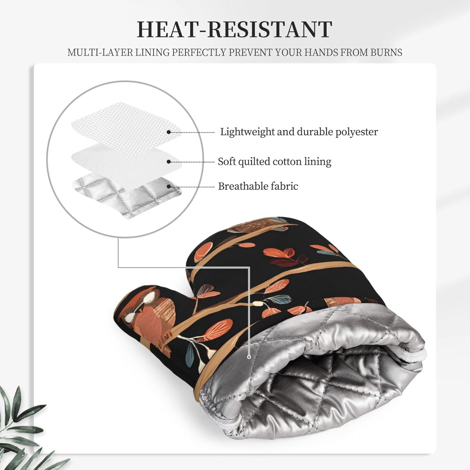 Cute Brown Cartoon Owls Oven Mitts and Pot Holders Set of 4 Heat Resistant Kitchen Gloves with Silicone Palm Hot Pads for Baking Cooking Grilling BBQ