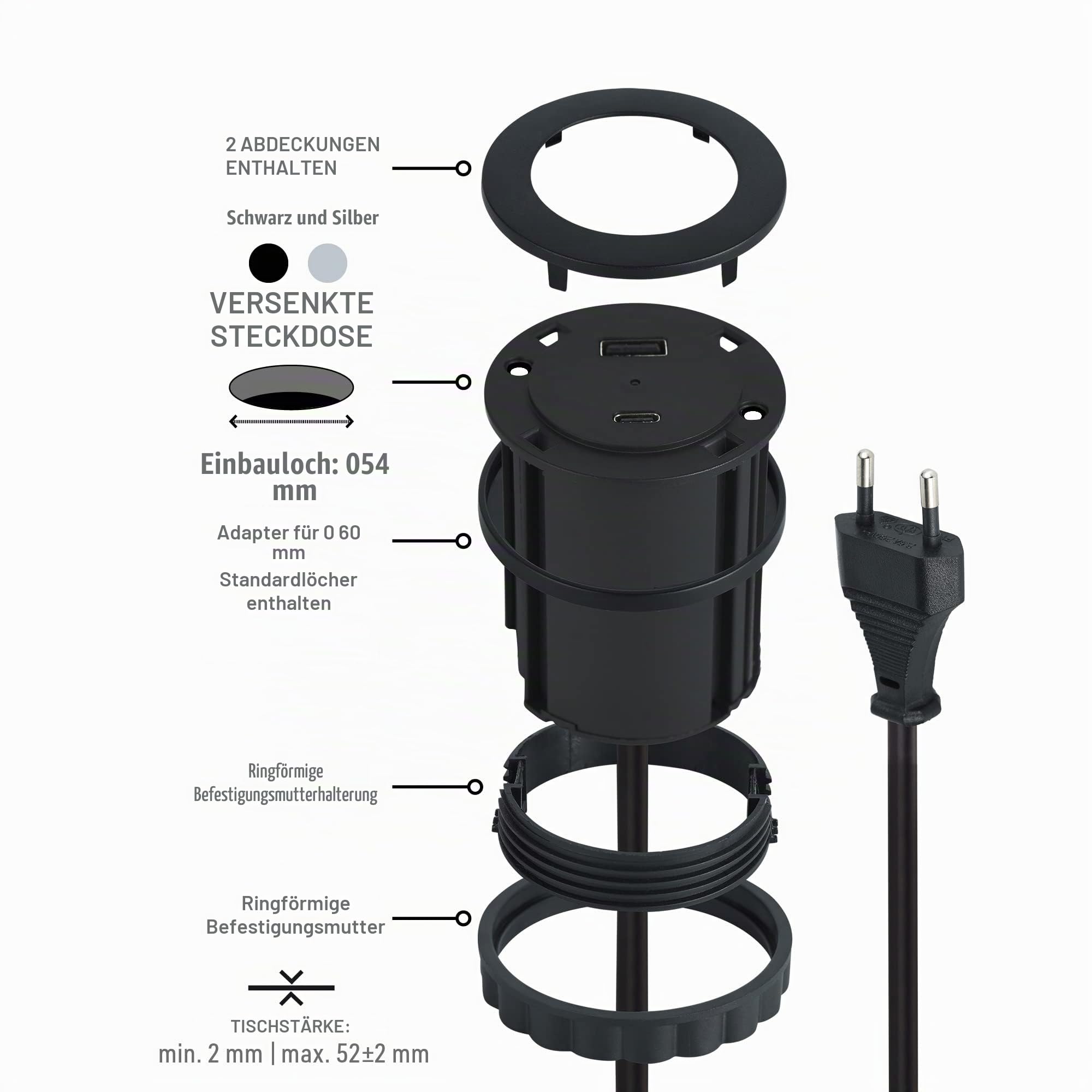 Electraline Tischplatte Grommet Einbausteckdose/Tischsteckdosenleiste/Tischsteckdose mit C Power Delivery zum Laden von Computern + 1 typ A 3.0A Q.C. 3M Kabel, D54-60mm, Schwartz, 2 USB (A+C) P.D. 45W