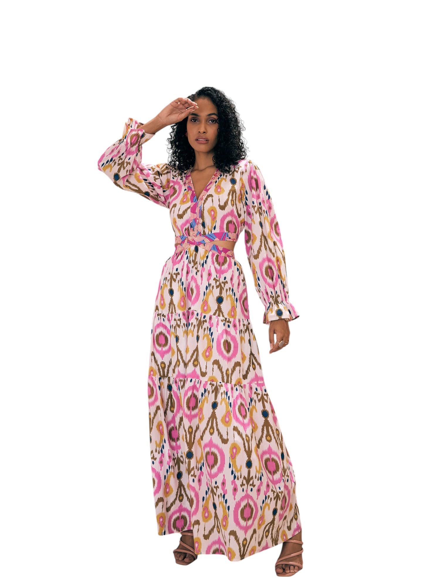 Pink Paprika By SASSAFRAS White Ikat Print Waist Cut-Out Maxi