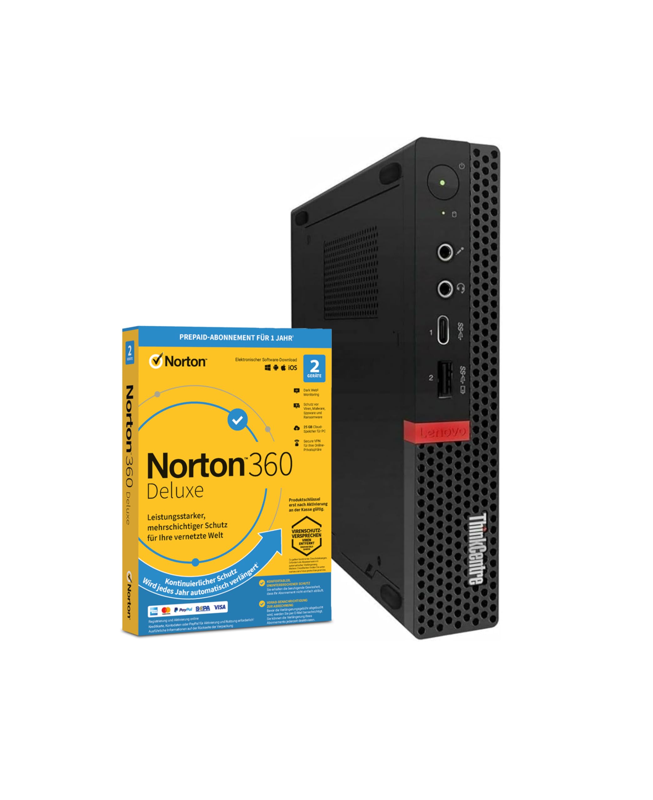 Lenovo ThinkCentre M720q Mini PC, Intel Core i5 9500, 6 x 4.40 GHz, 8 GB RAM, 256 GB SSD, Intel UHD Graphics 630, Norton 360, Windows 11 Pro