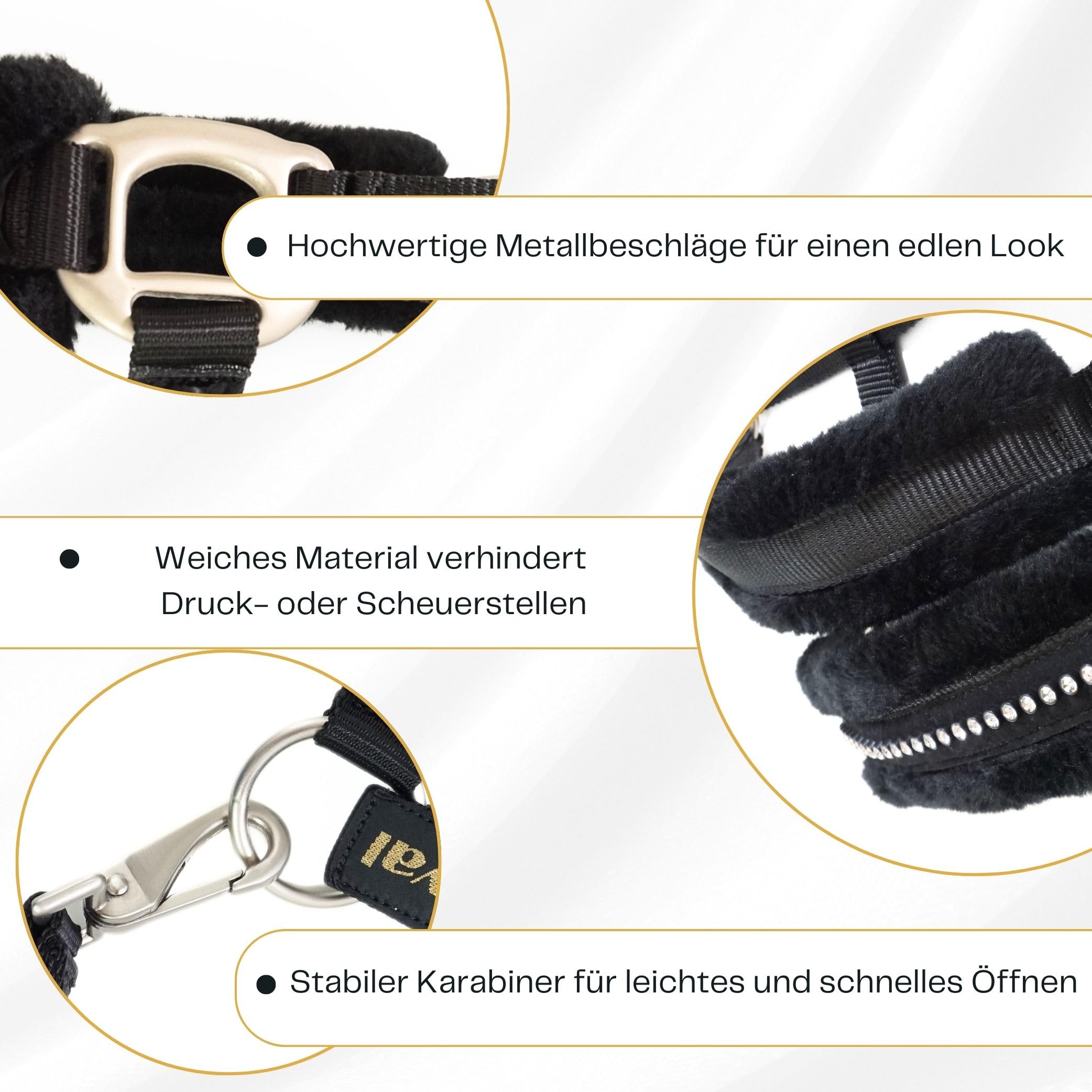 Halfter für Pferde mit Glitzer Steinen, Fell Halfter Pferd in schwarz mit Strass, 2-Fach verstellbar (Schwarz, Shetland Pony (Shetty))