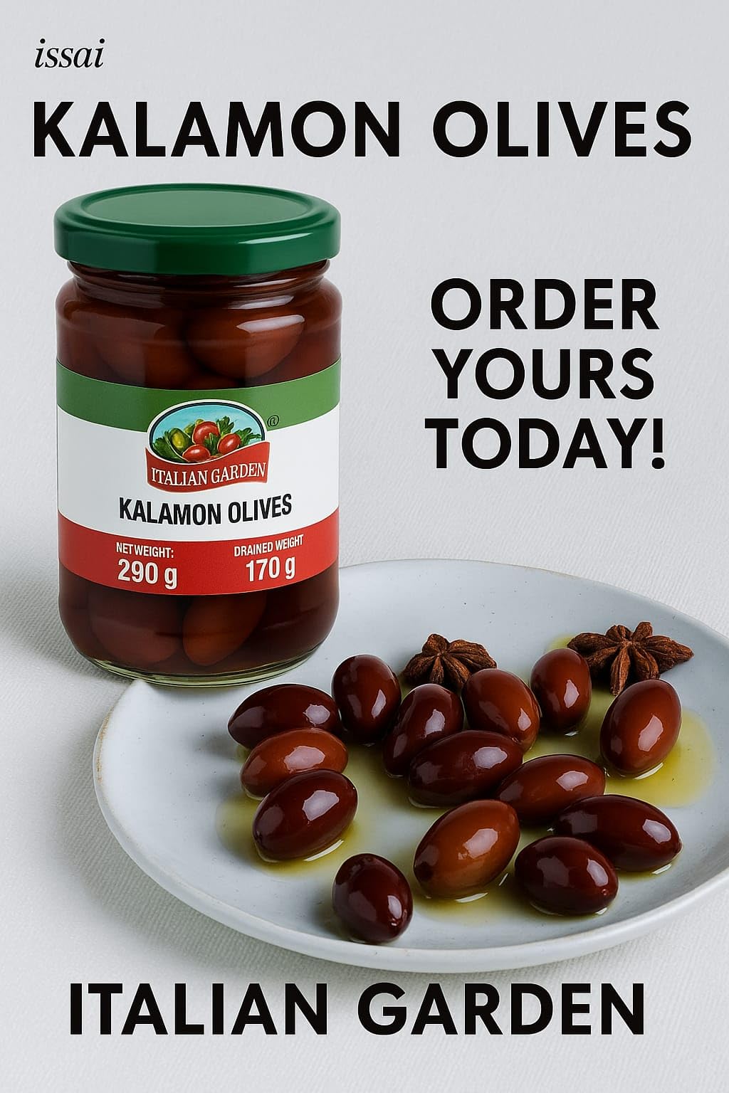 Italian Graden Kalamon Olives, Kalamata Style, Premium Mediterranean, Whole Form, 290g Container, Vegetarian - Image 2 thumbnail