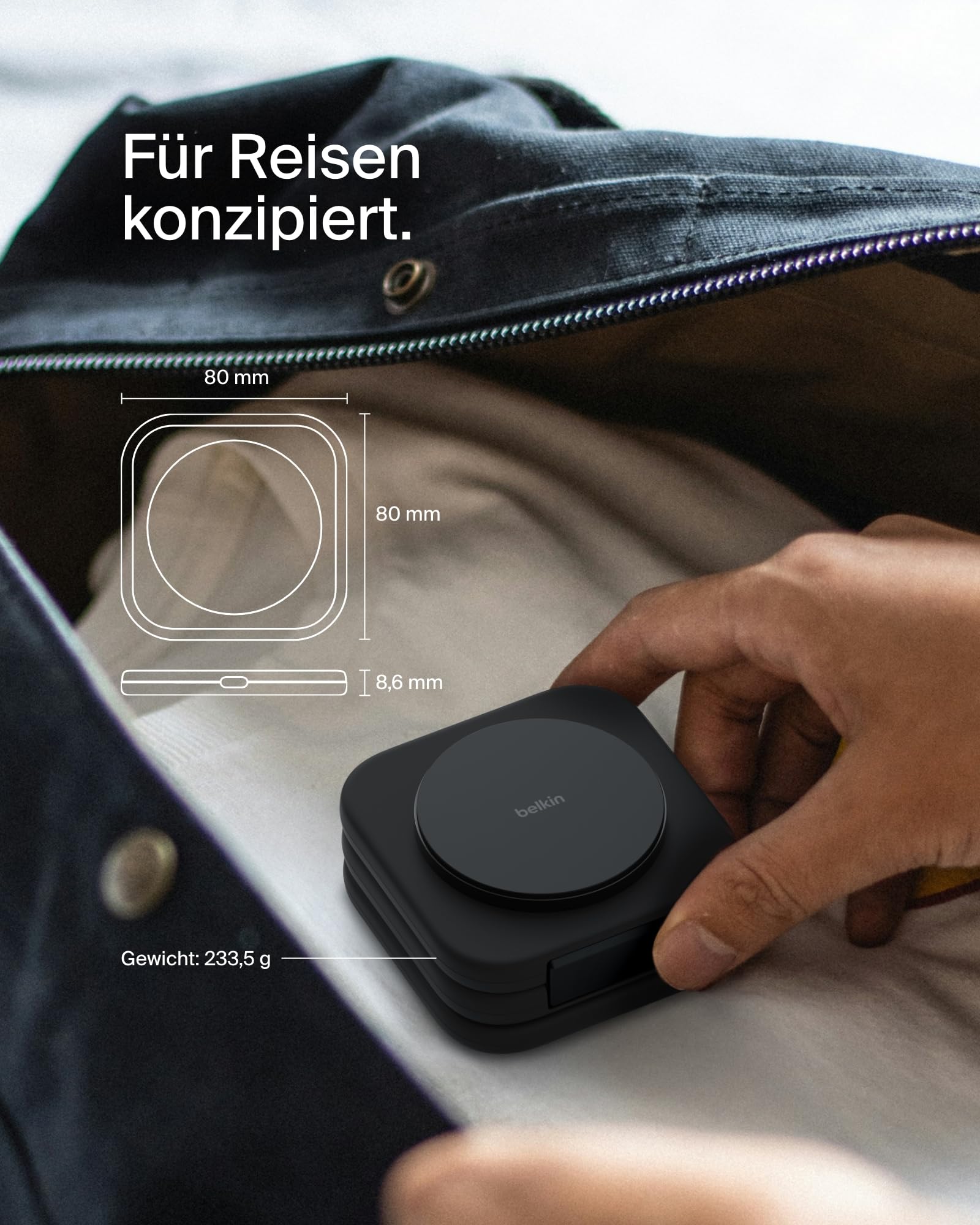 Belkin BoostCharge Pro Qi2-Zertifiziertes Induktives Ladegerät, 3-in-1 Ladestation 15W, Tragbares MagSafe-Kompatibles Ladegerät für iPhone 17, Air, 16, 15, 14, Pixelsnap, Apple Watch 11, AirPods