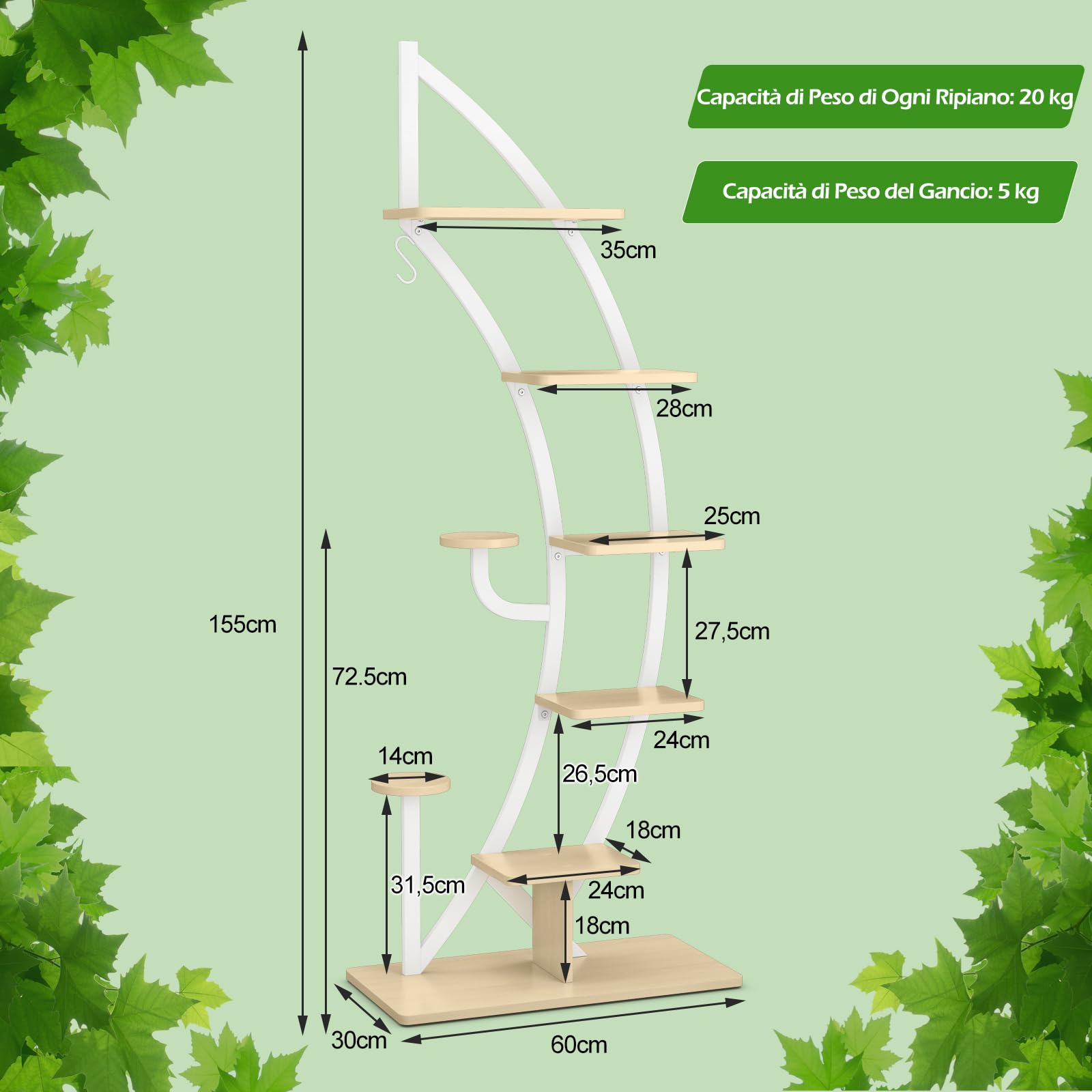COSTWAY Scaffale per Piante a 7 Livelli, Scaffale a Forma di Mezza Luna con Gancio e Dispositivo Antiribaltamento, Porta Piante e Fiori per Interno e Soggiorno (1 PEZZO BIANCO)