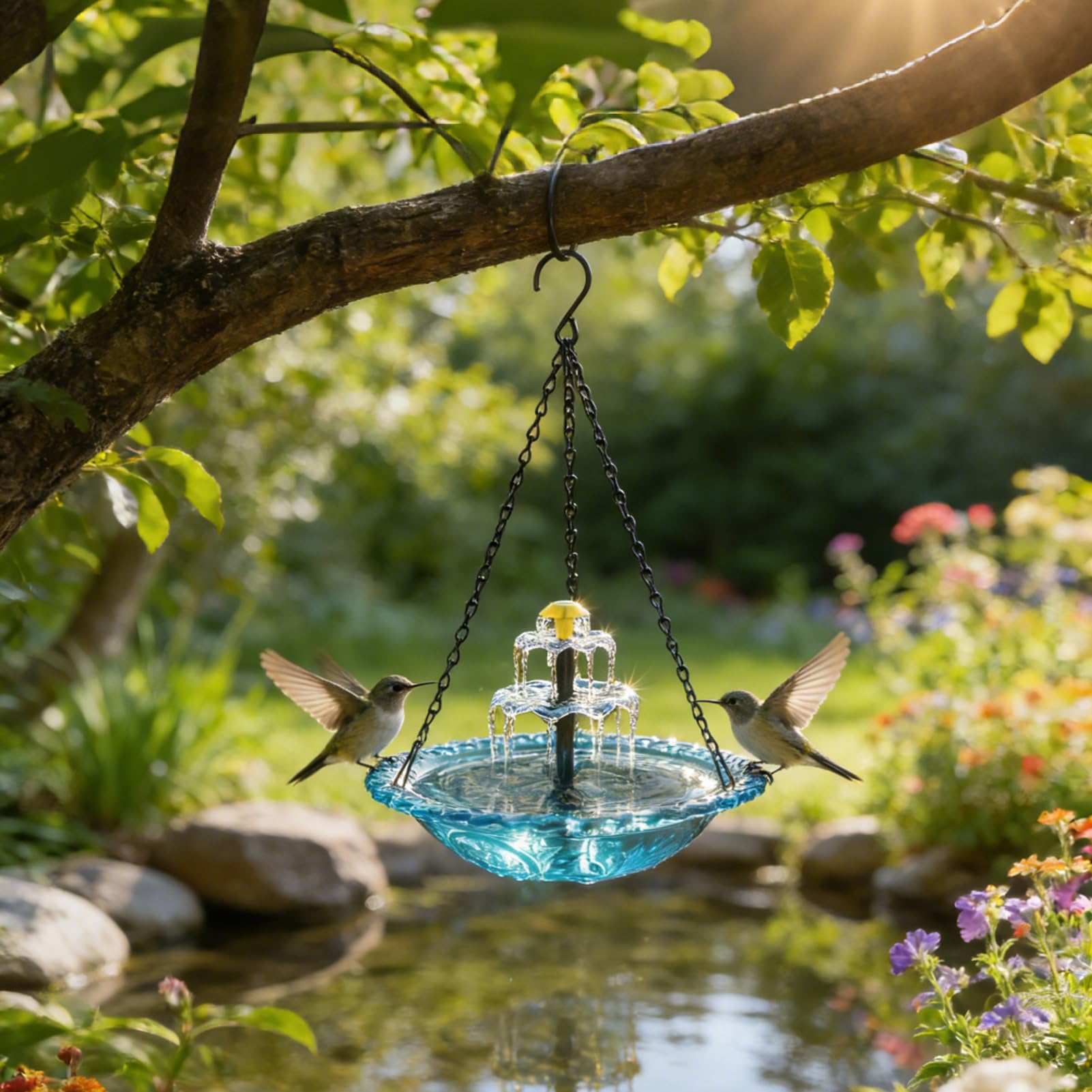 Vogeltränke Hängend mit Solarbrunnen, Solar Vogeltränke Balkon, Vogelbad Garten zum Aufhängen, Wassertränke für Vögel mit Springbrunnen Wasserspiel,Metall Trinkschale Vögel für Garten Hof Outdoor (A)