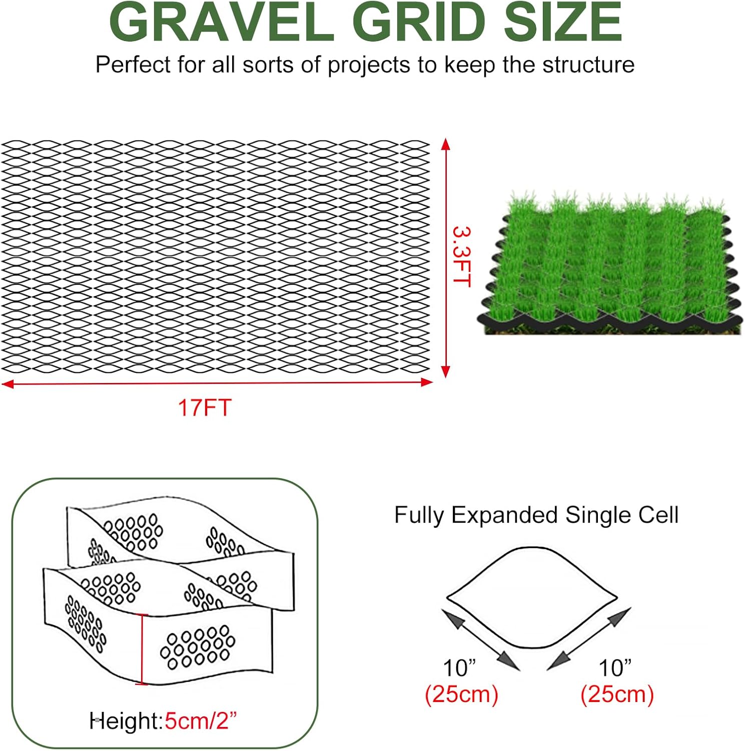 2" depth gravel grid 3.3x17ft geogrid ground grid gravel retainer 1900 lbs per sq ft permeable stabilization system for patio, driveway, garde, shed base, parking lot,slopes and walkway 3.3x17ft(1x5m)