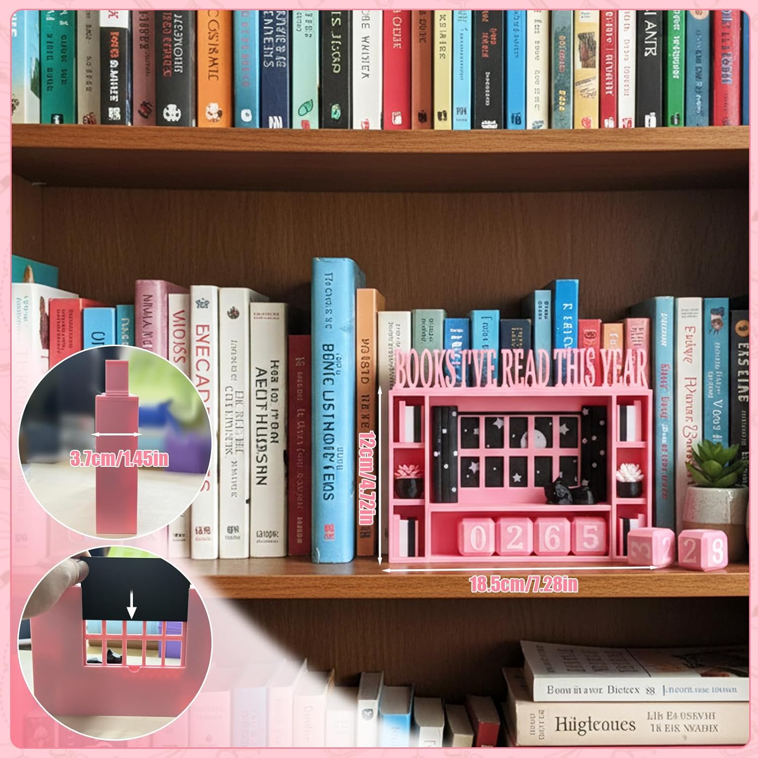 Books Read This Year Counter, Book Tracker, Pink Mini Bookshelf Decor with Number Cubes, Reading Challenge Sign for Book Lovers to Track Yearly Reading & Stay Motivated