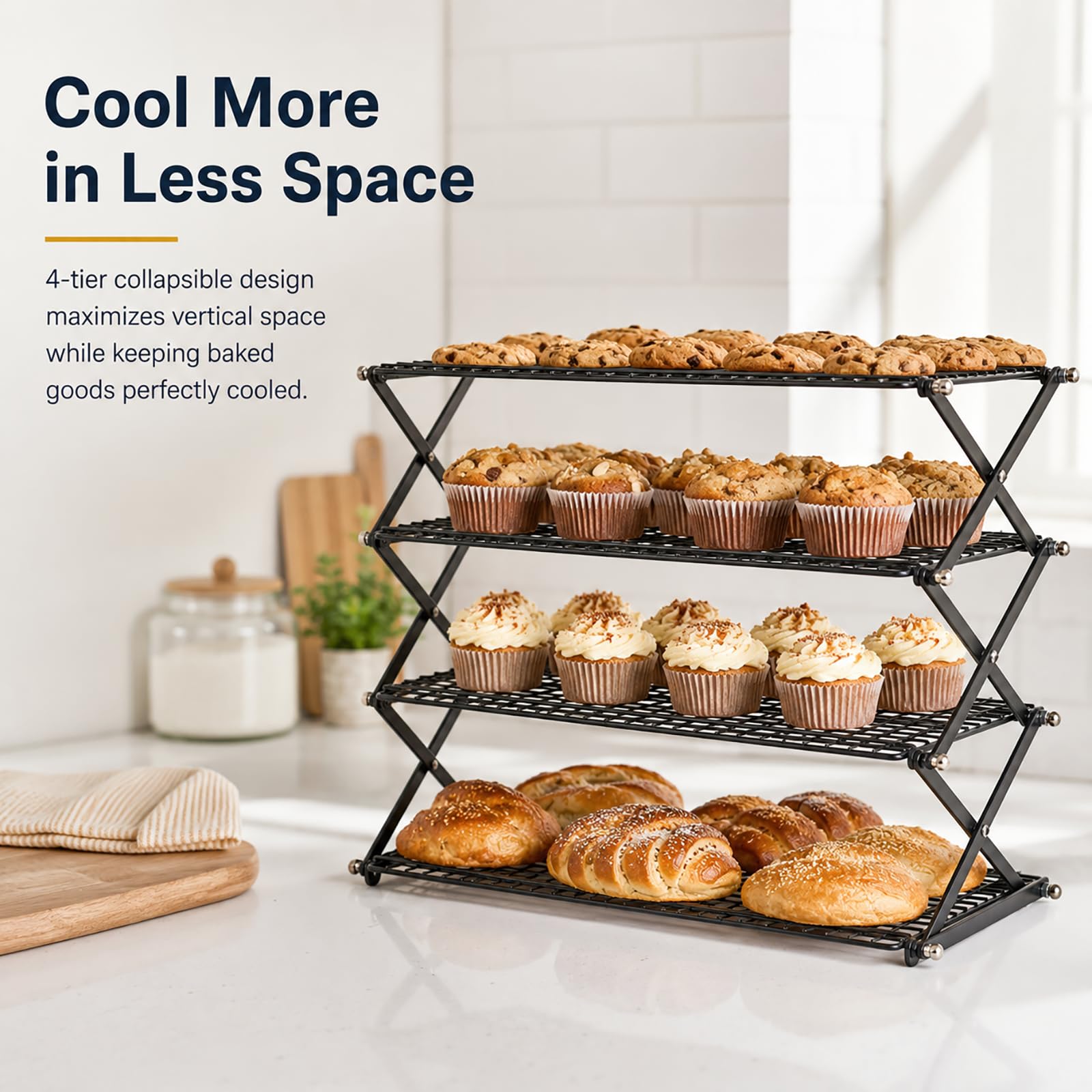 Grille de refroidissement pliable à 4 niveaux – 40,6 x 25,4 cm, réglable, empilable, antiadhésif, pour la cuisson, le rôti, les cookies, les gâteaux, le séchage, le pique-nique et le barbecue, chaque