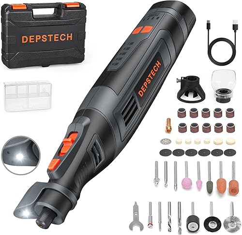 DEPSTECH Kit de herramientas rotativas inalámbricas, batería de 8 V 2.5 Ah más grande, 5 velocidades 30000 RPM máximo, luz de trabajo LED,
