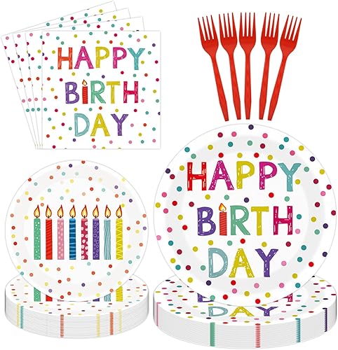 Juego de 96 platos y servilletas de cumpleaños para fiestas, platos de papel de feliz cumpleaños, servilletas y tenedores, juego de vajilla