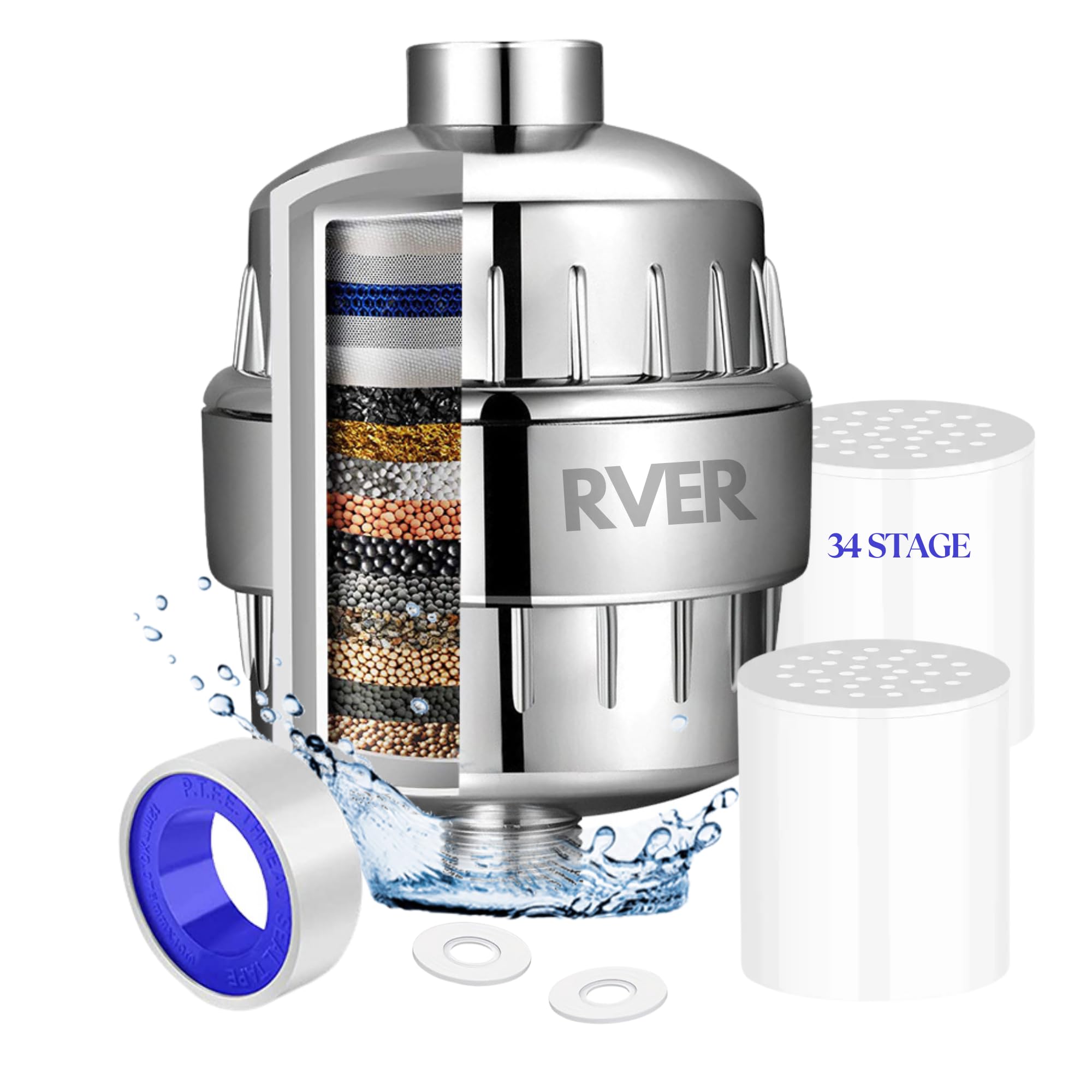 Rver Grey 34 Stage Shower Filter With Vitamin C For Hard Water, Water Softener Shower Head With Replaceable Multi-Stage Shower Head Filter, Removes Chlorine, Fluoride (34 Stage Shower Filter/2 Cartridges)